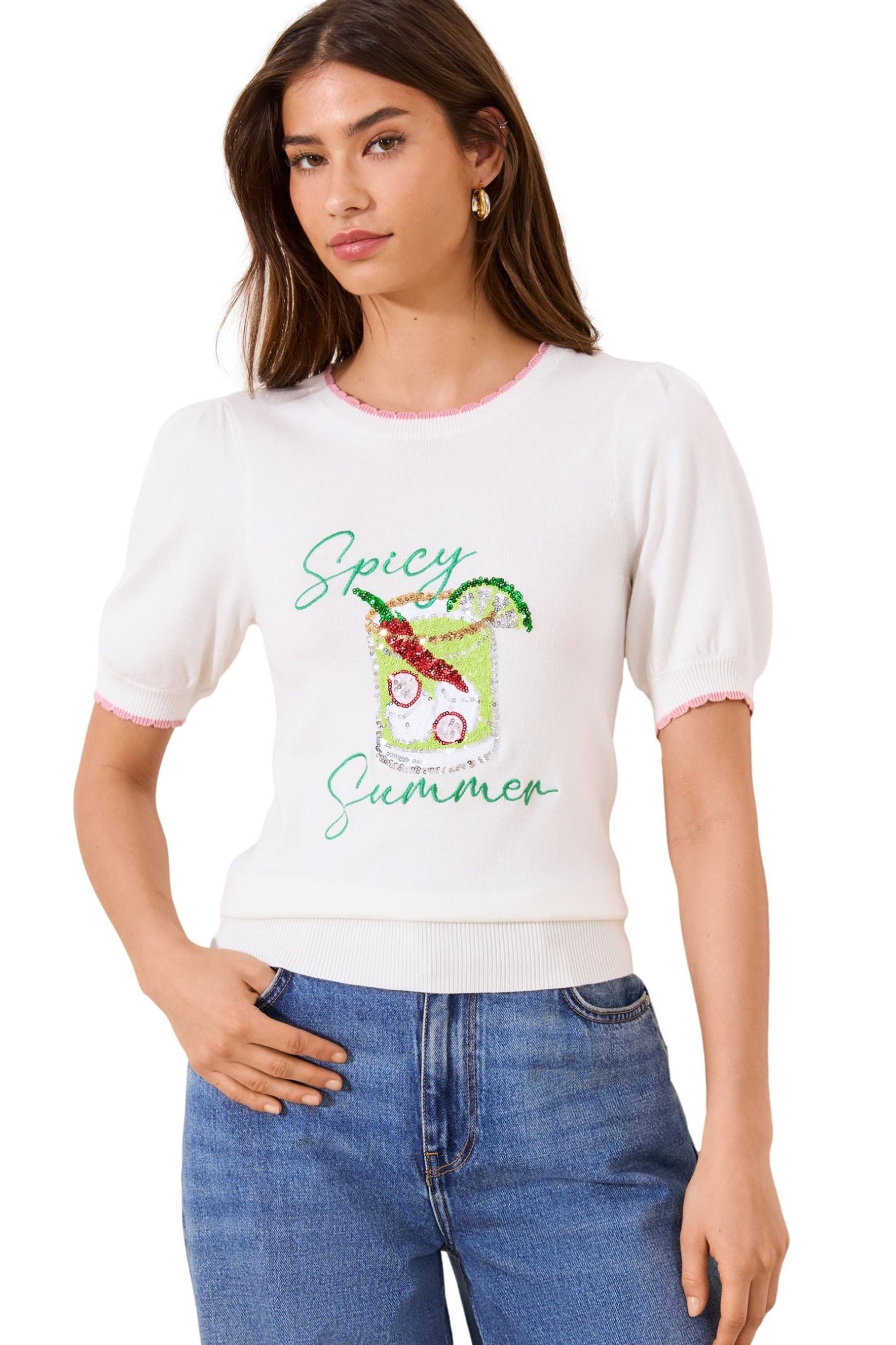 LIPSY Paillettenshirt Lipsy Kurzarm-Strickpulli mit Grafik + Pailletten (1-tlg)