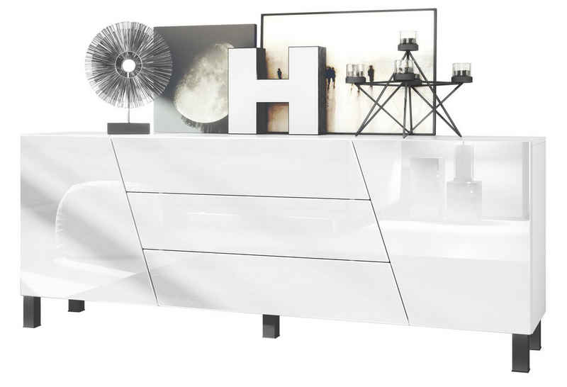 Vladon Sideboard Houston (Kommode, mit 2 Türen und 3 Schubladen), Weiß matt/Weiß Hochglanz (178 x 57,5 x 38,5 cm)
