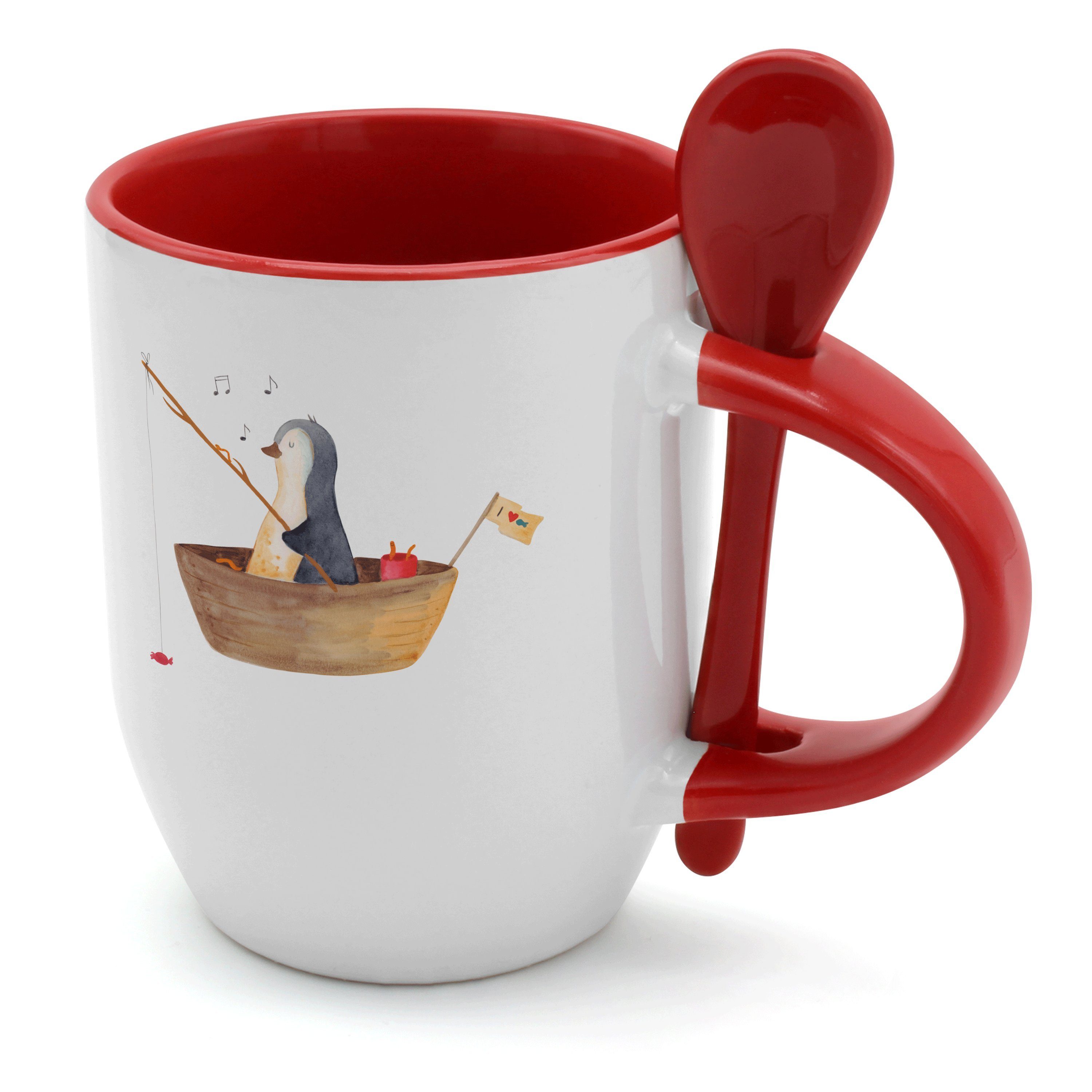 Mr. & Mrs. Panda Tasse Pinguin Angelboot - Weiß - Geschenk, Tasse mit Löffel, Tasse mit Spru, Keramik
