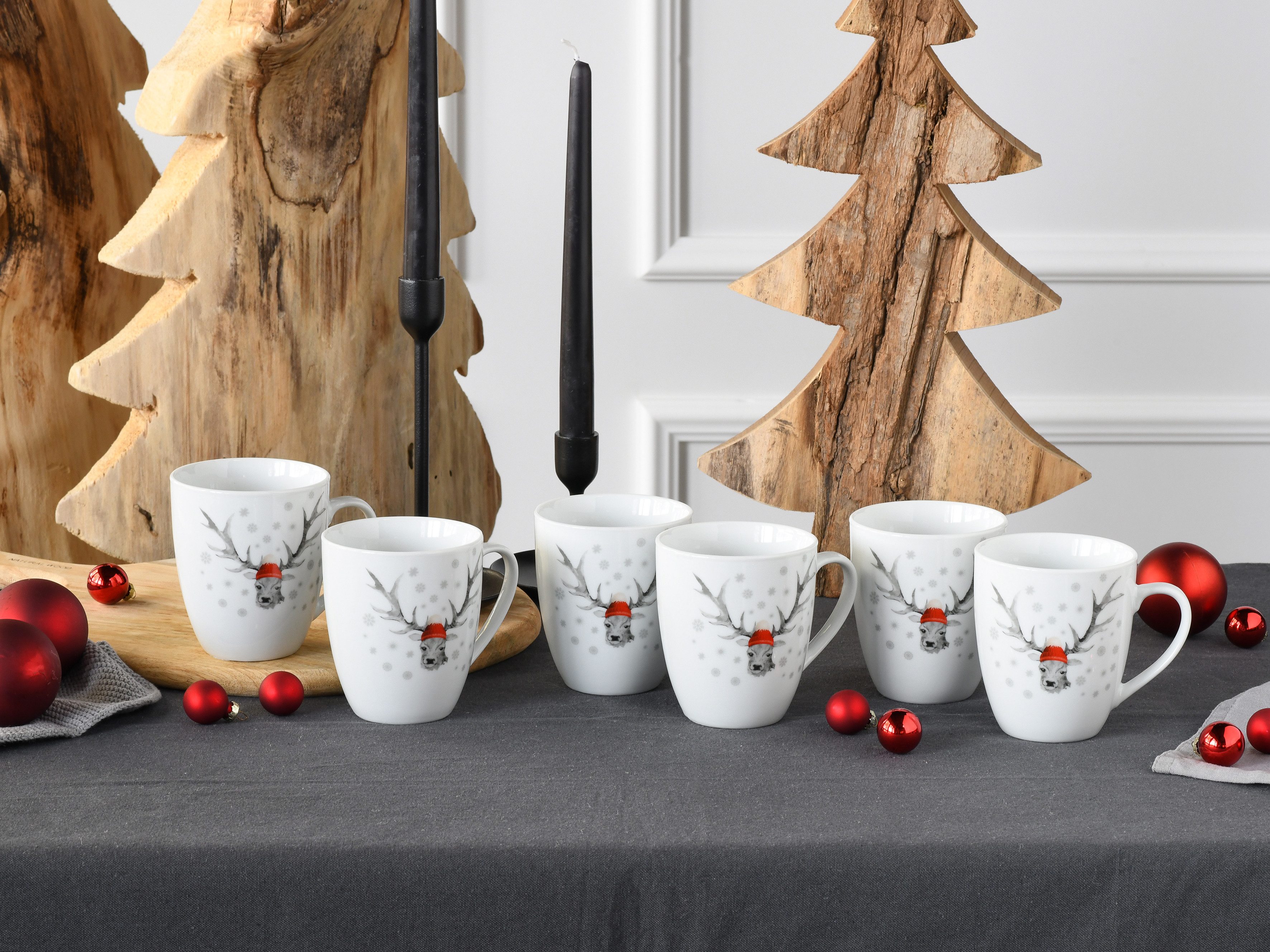 CreaTable Becher Hirsch, Kaffeebecher, 6-tlg., 6-tlg., Porzellan, Winterdekor, Hirschmotiv