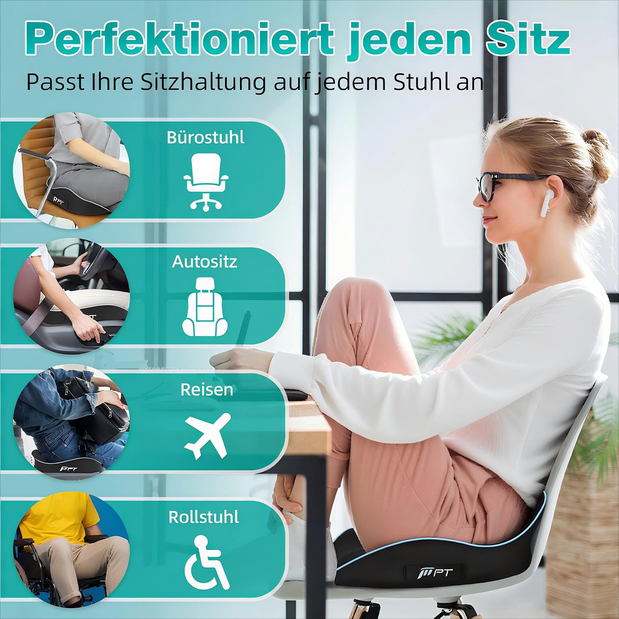 POPOLIC Sitzkissen Ergonomisches Sitzkissen für Bürostuhl & Autositz, Sitzkissen, Sitzkeilkissen Entlastet, Erhöht Sitzkomfort