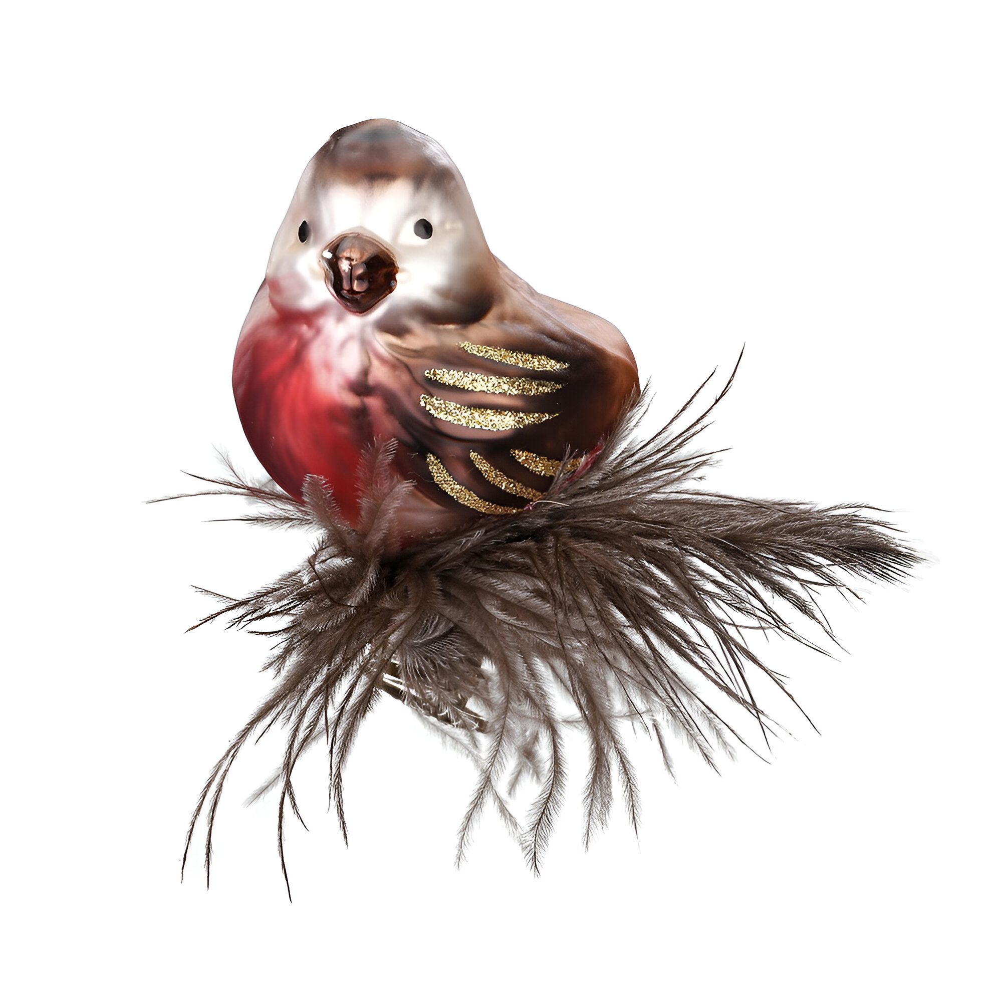 INGE-GLAS® Weihnachtsbaumklammer, Christbaumschmuck Glas Vogel mit Nest aus Federn auf Clip 7,5cm Braun