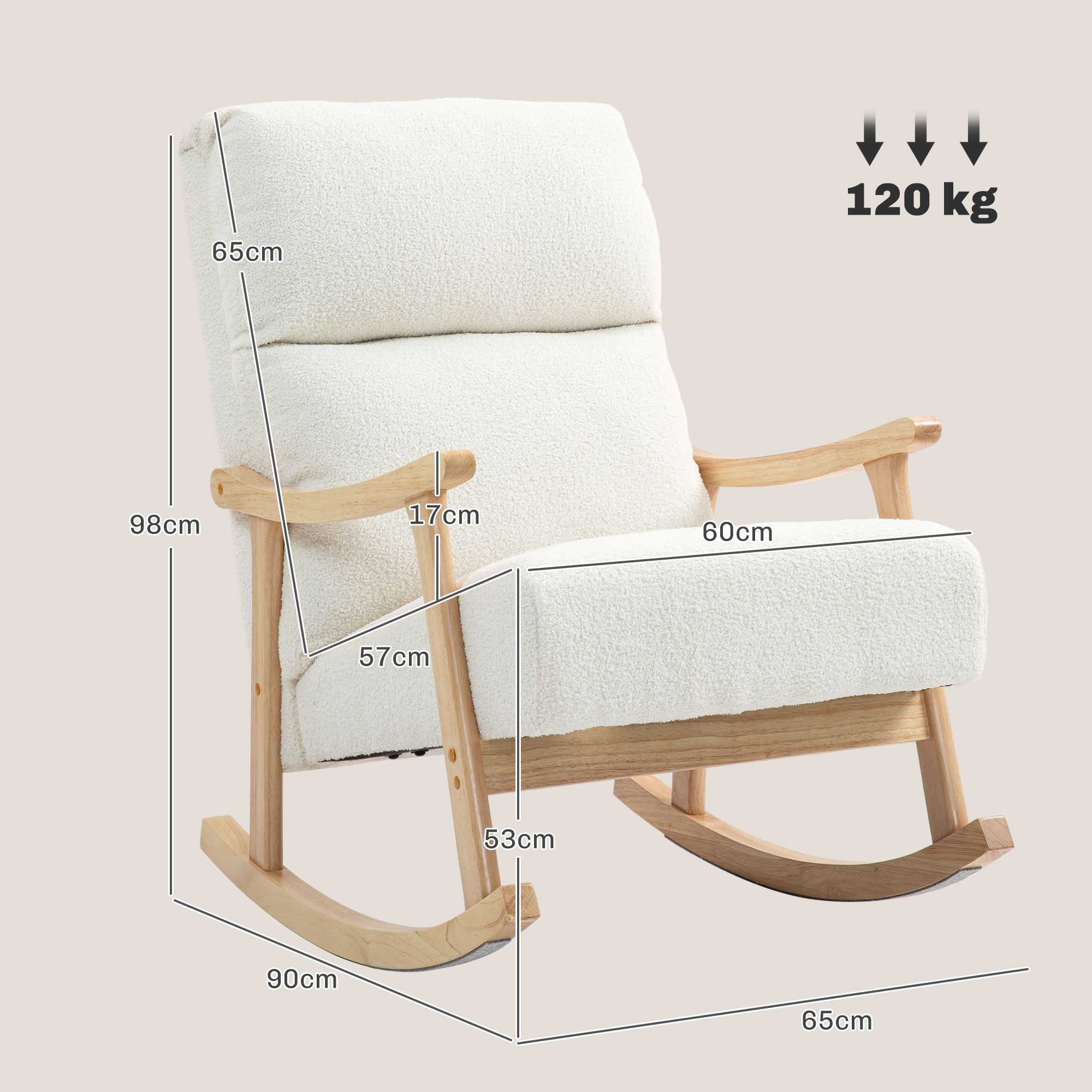 HOMCOM Schaukelstuhl ergonomisch, mit Samtoptik (Schwingsessel, 1 St), bis 120 kg belastbar, für Schlafzimmer, Wohnzimmer, Cremeweiß