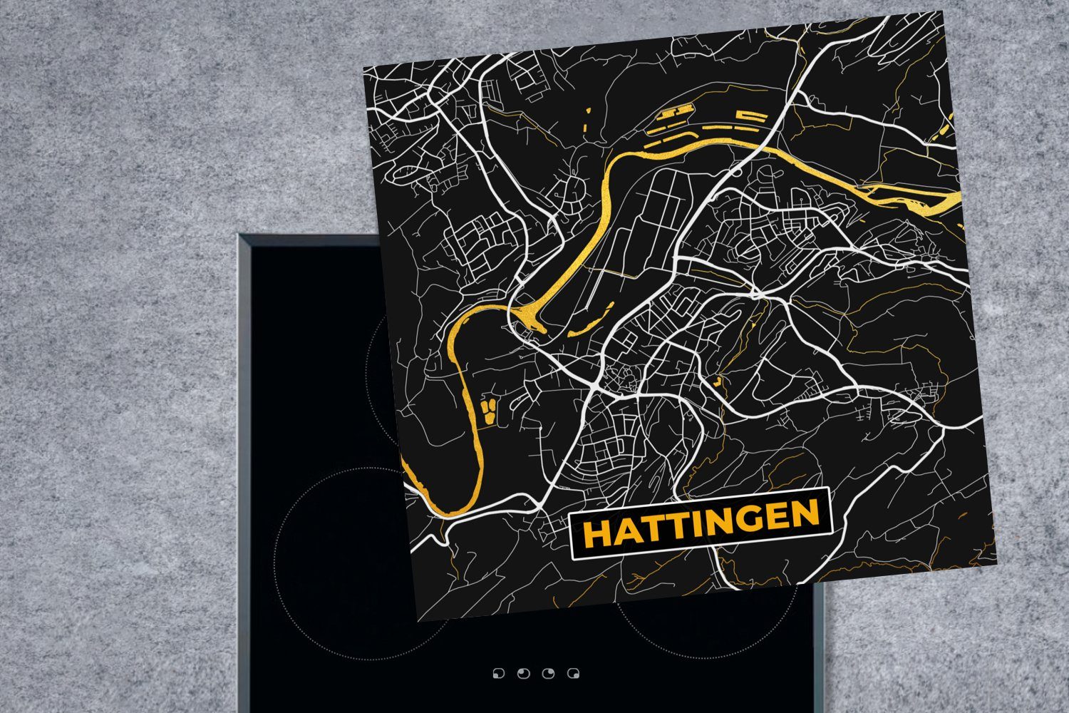 Hattingen Herdblende-/Abdeckplatte Gold cm, 78x78 Schwarz Deutschland MuchoWow - tlg), Vinyl, Karte, und - (1 für küche - Ceranfeldabdeckung, - Arbeitsplatte Stadtplan