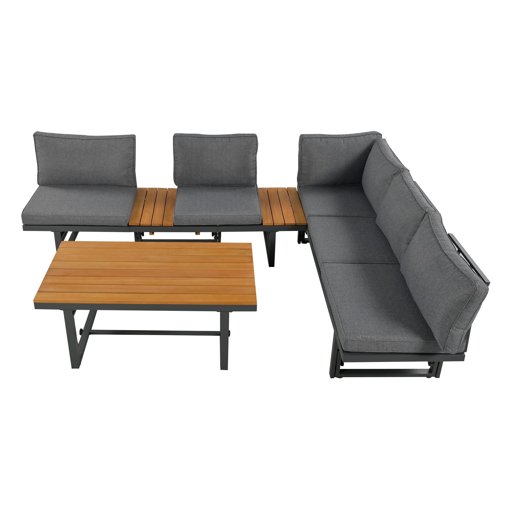 BBWL Gartenlounge-Set mit verstellbarer Rückenlehne, Akazienholz Tisch, Kissen, Gartenmöbel Set Lounge 3-teilig, pulverbeschichteter Eisenrahmen