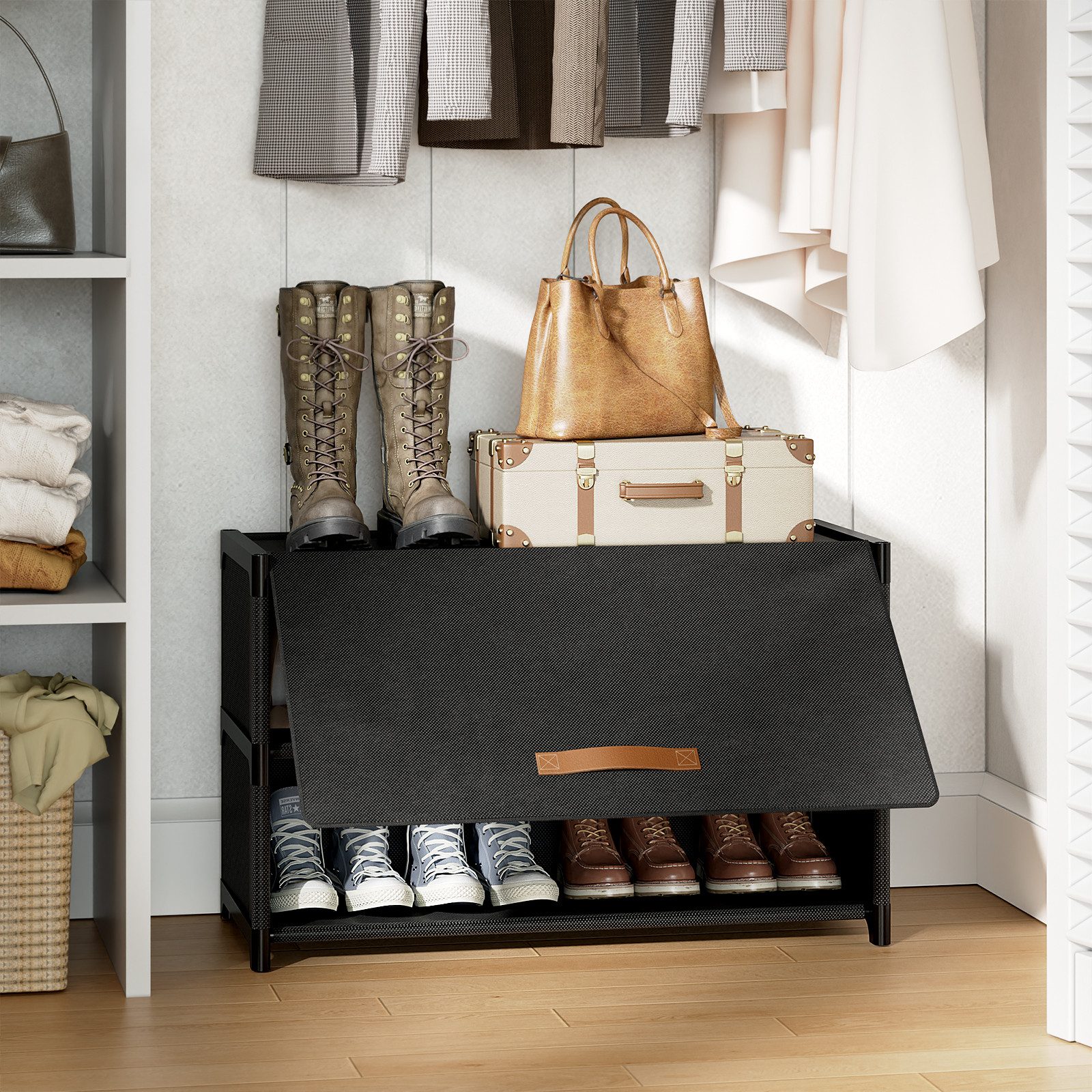 FABATO Schuhschrank Kunststoff-Schuhorganizer, Schuhschrank mit Tür in Schwarz (1-St) 3-stufiger Schuhschrank mit Tür – Platz für 12 Paar Schuhe
