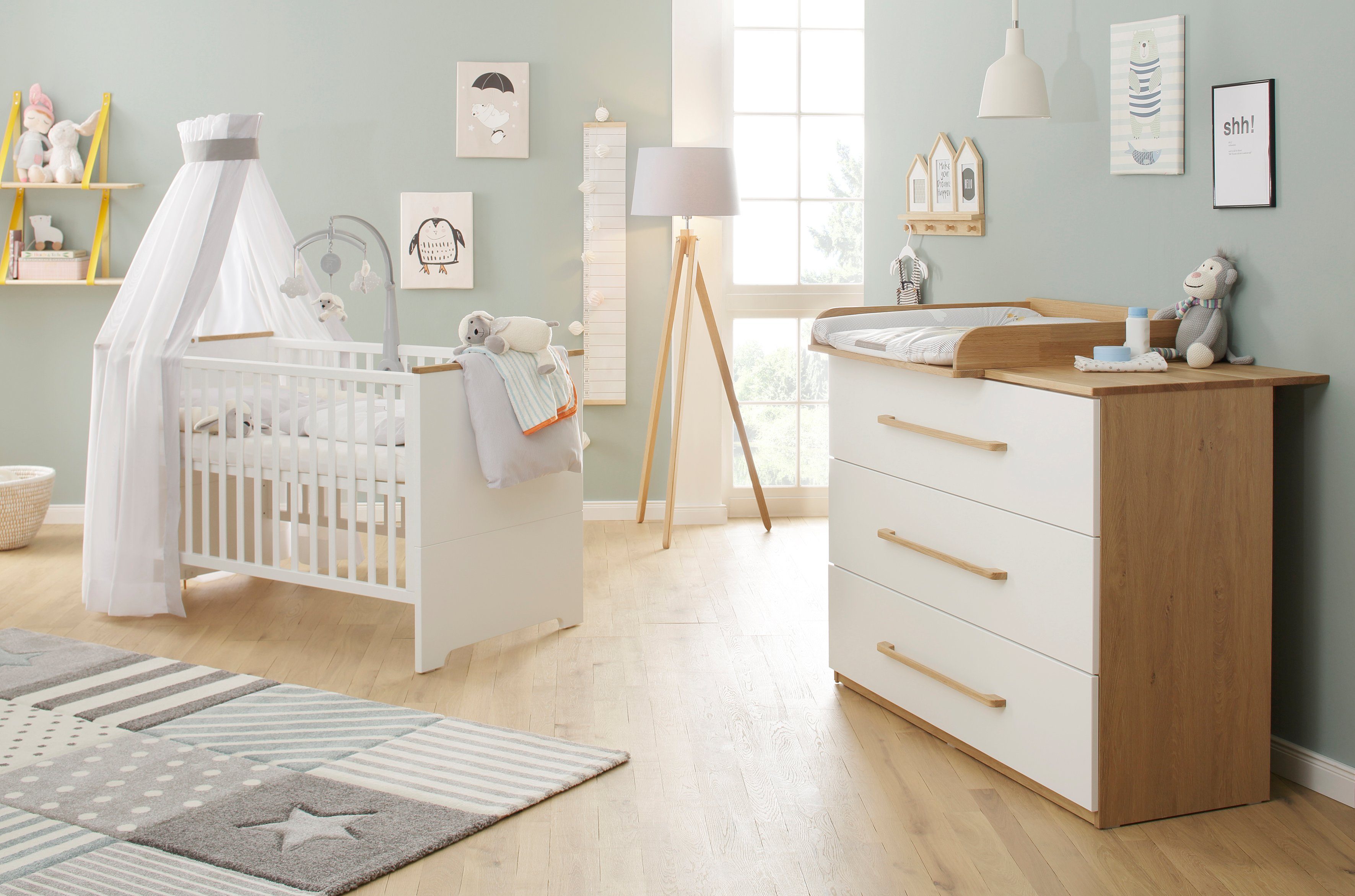 Babyzimmer Babybett mit Schublade Wickelkommode Weiß Bettwäsche Komplett Set 