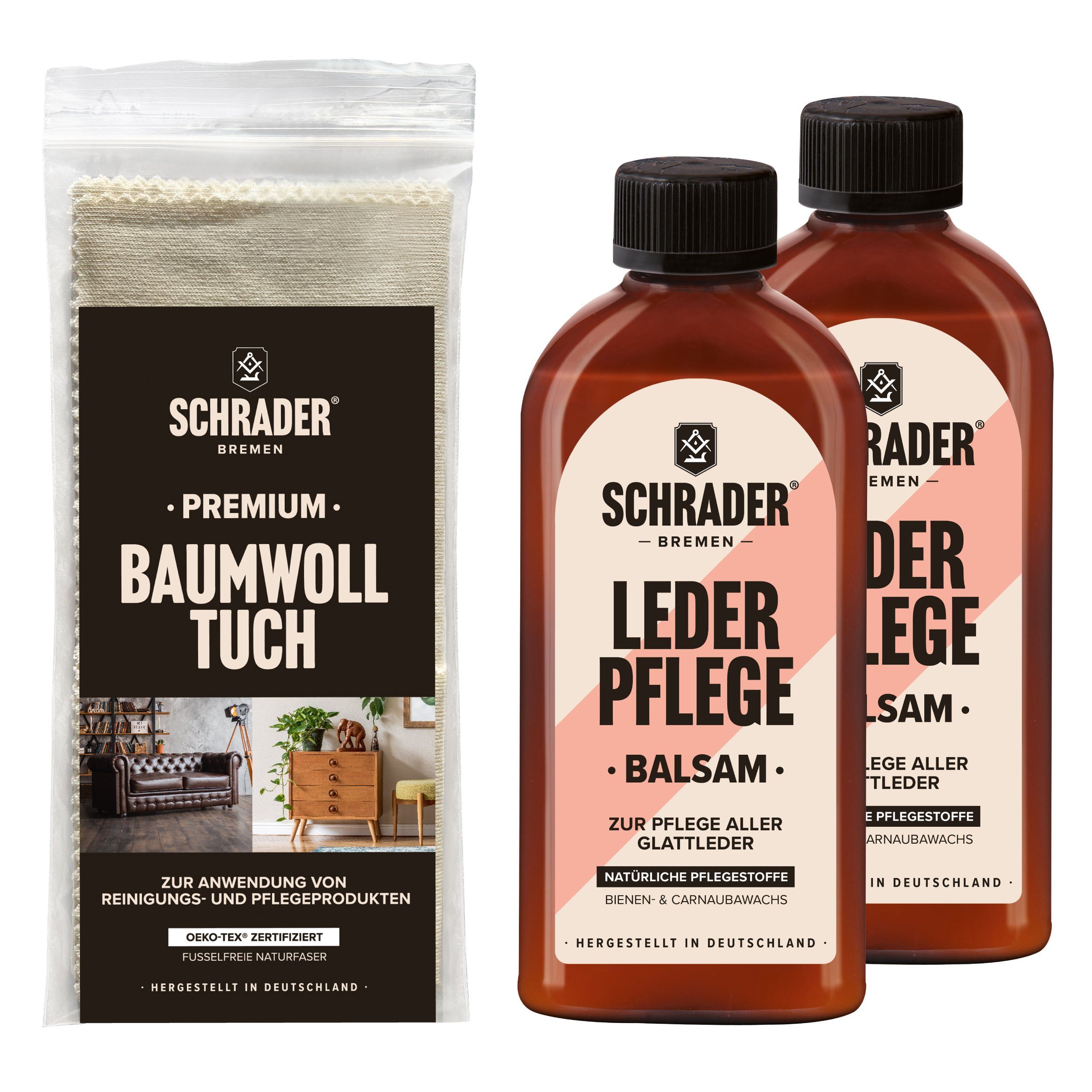 Schrader Lederpflege Balsam Set - 3-teilig - Lederreiniger (Balsam und Poliertuch - für glatte Lederarten - Made in Germany)