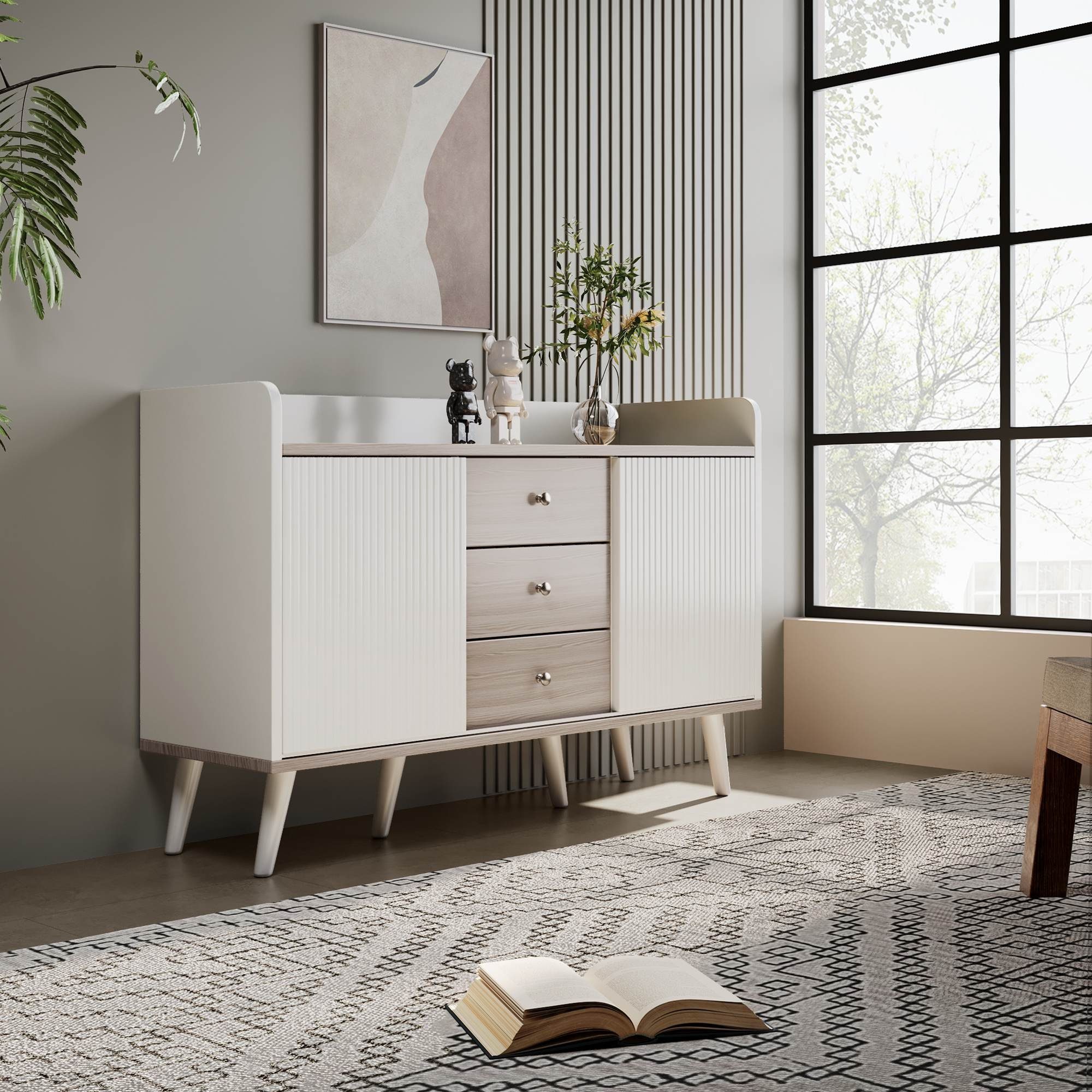 Sideboard Schlafzimmer Set, Stauraumregalen St), Sideboard 1 Moderne mit drei für und Wohnzimmer, mit Weiß (1er BlingBin Holzfarbe-Sideboard Schubladen