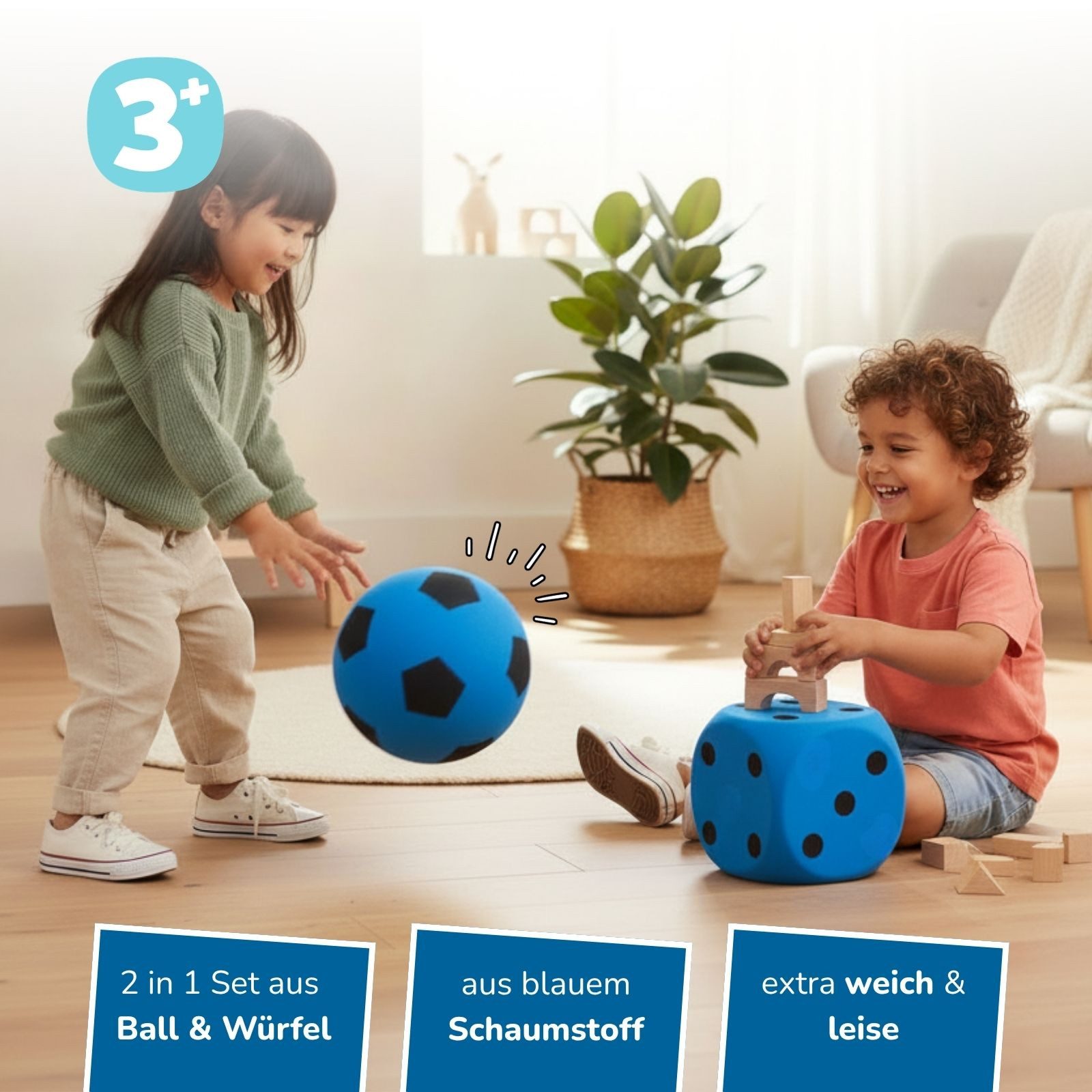 alldoro Spielball 2 in 1 Set - Schaumstoffball & Schaumstoffwürfel blau für Kinder ab 3, extra weich & leise, für drinnen & draußen zum Spielen & Lernen