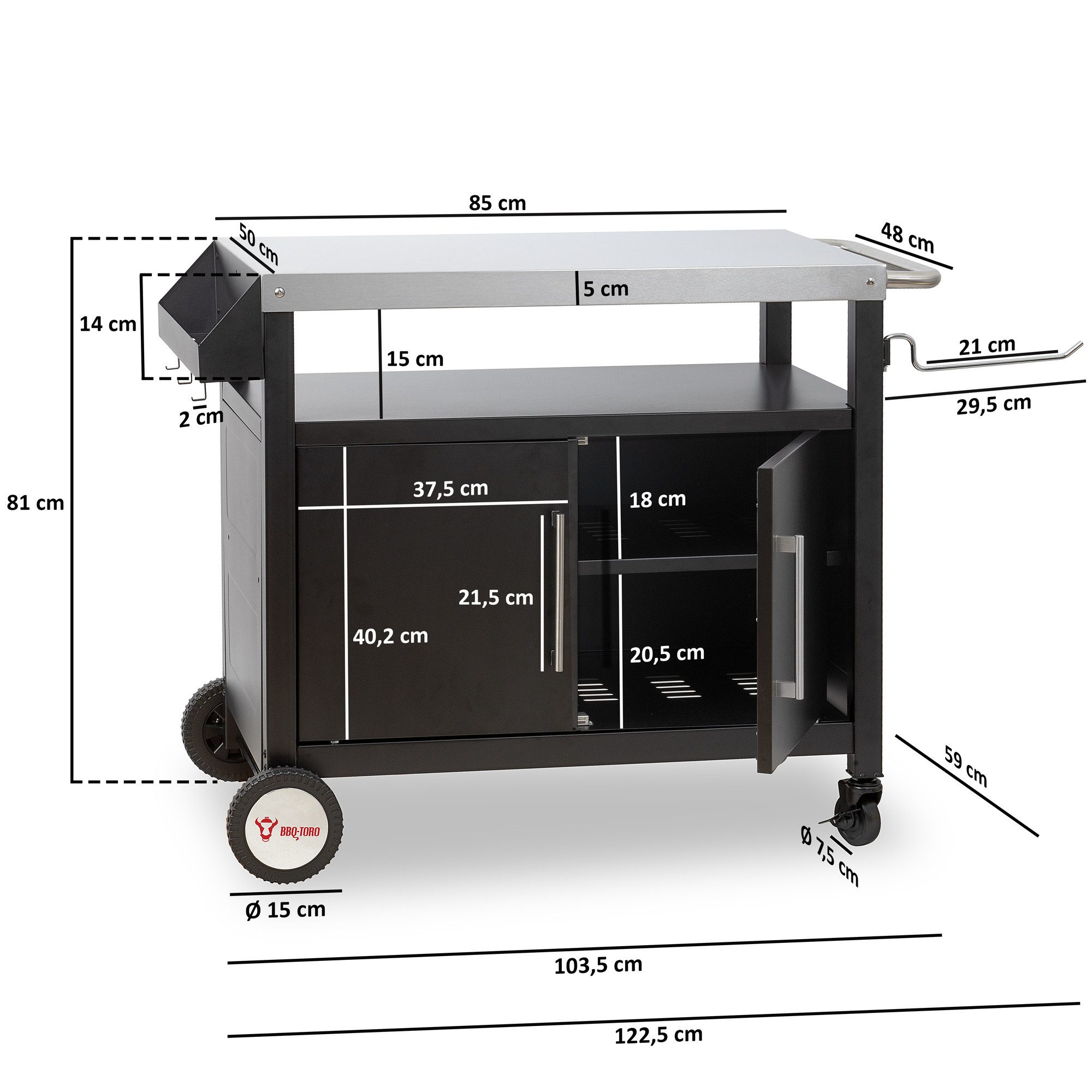 BBQ-Toro Grillablagetisch Grillwagen 103,5 x 59 x 81 cm, Silber/Schwarz Grilltisch, Servierwagen (1-St), Zwei integrierte Bremsen