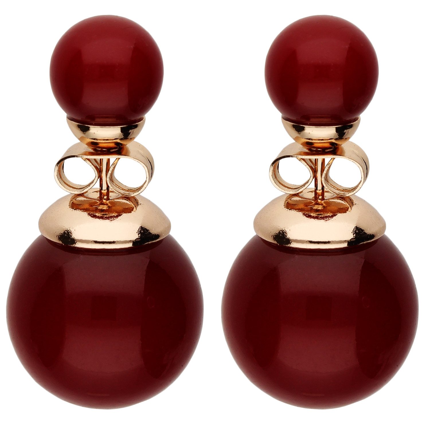 LÖB Paar Ohrstecker 750 (18 Karat) Roségold vergoldet Ohrstecker Zwei Perlen Ohrringe Rot (Geschenke für Frauen Beste Freundin Mutter Mama Damen zum Geburtstag Weihnachten Weihnachtsgeschenke, Inkl. Schmuckbox), Front Back Perlenohrringe Vorne Hinten Doppel Kugel Modern Schmuck Set