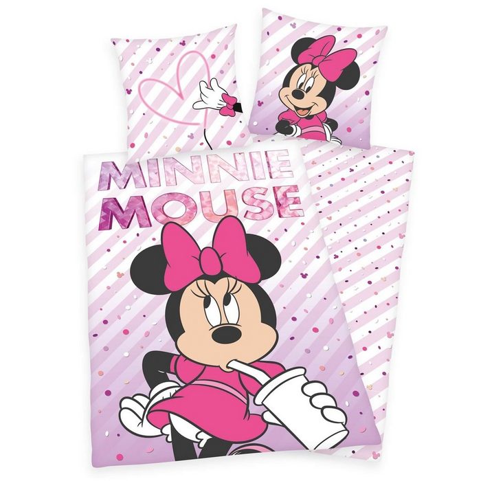 Kinderbettwäsche Disney´s Minnie Mouse - Wende-Bettwäsche-Set für Mädchen von Herding 135x200 & 80x80 Disney Minnie Mouse Baumwolle 100% Baumwolle