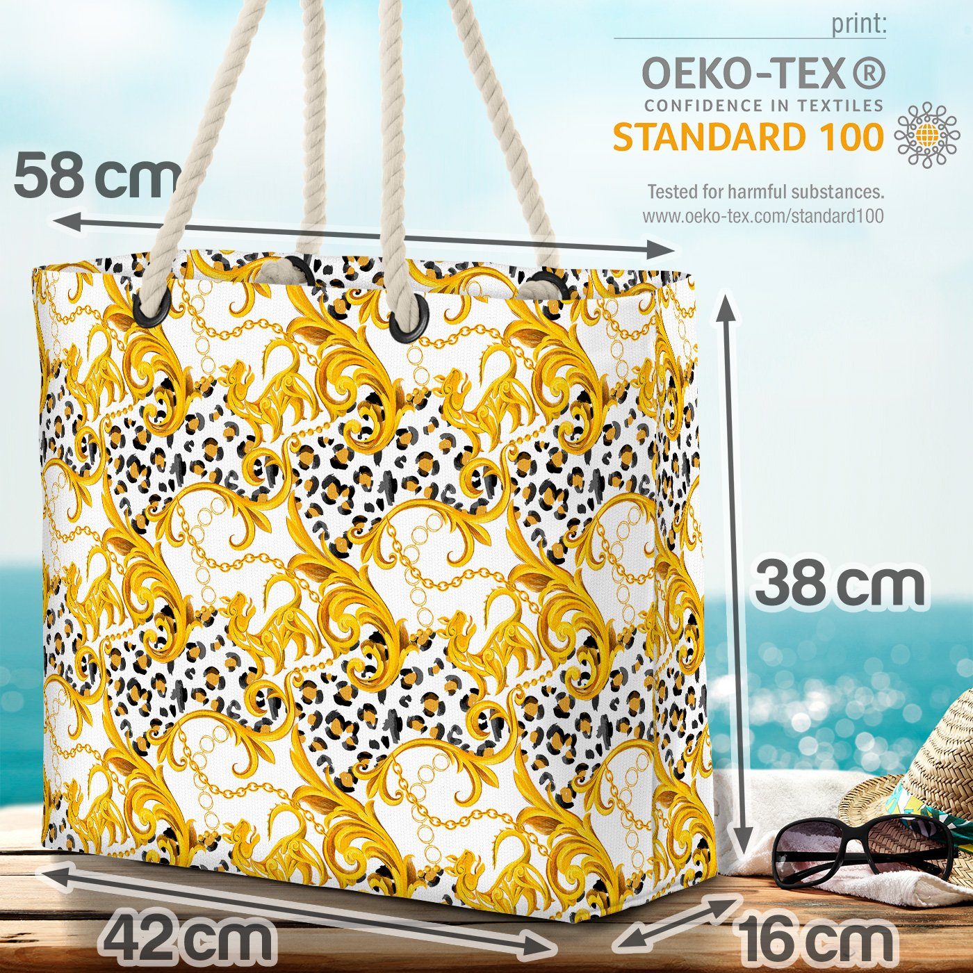 VOID Strandtasche (1-tlg), Tiere Pflanzen Muster Italien Design Muster Schwa Barock Leopard Gold