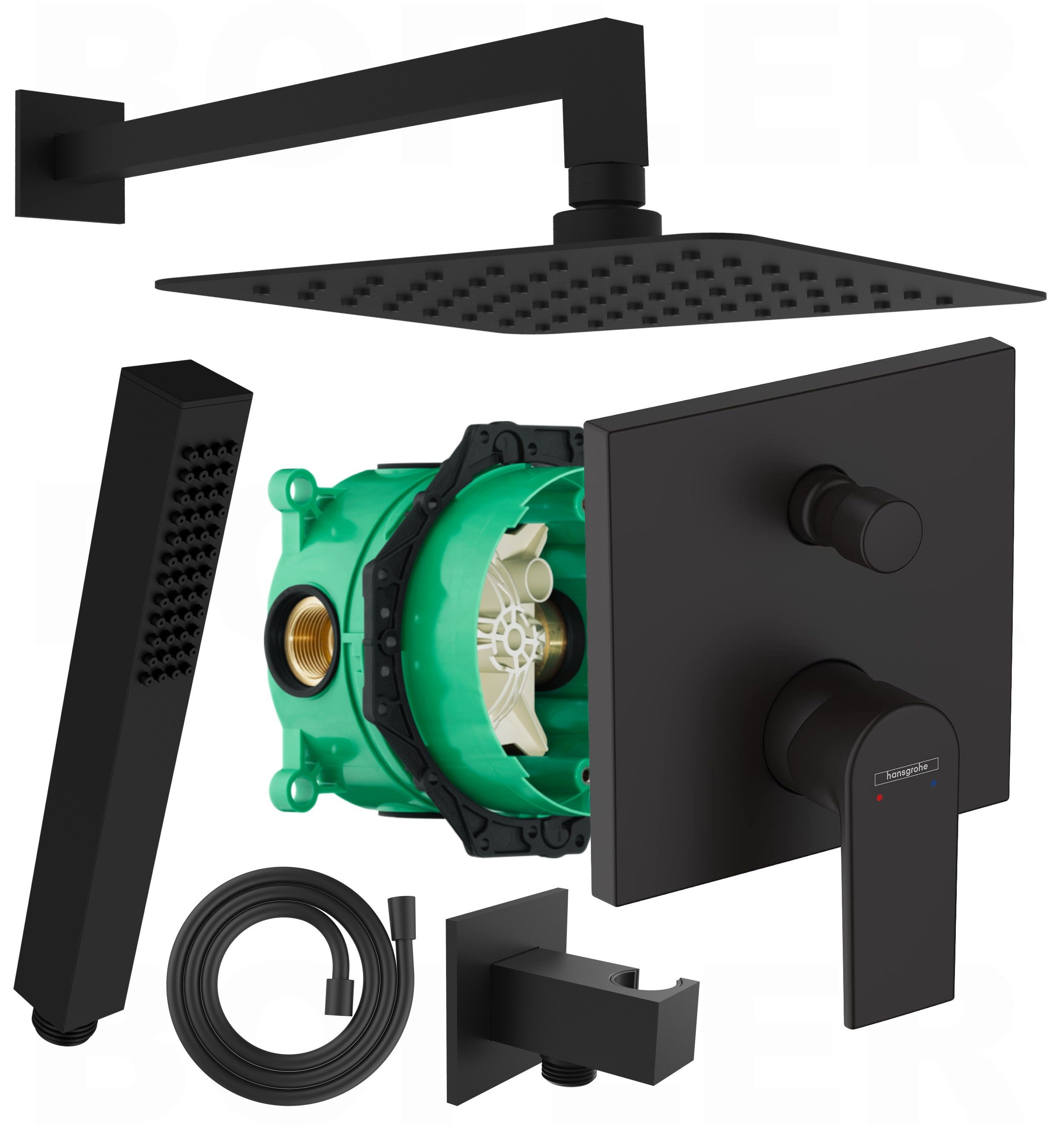 Hansgrohe und Bofler Duscharmatur Hansgrohe Vernis Shape Unterputz Armatur mit Umsteller + IBOX (Unterputz Duschsystem, Duschanlage, Duschset, inkl. BOFLER Duschset #22, Brauseset, Regendusche 20cm, Wandarm) matt schwarz, Antikalk-Gummidüsen, Wassersparen