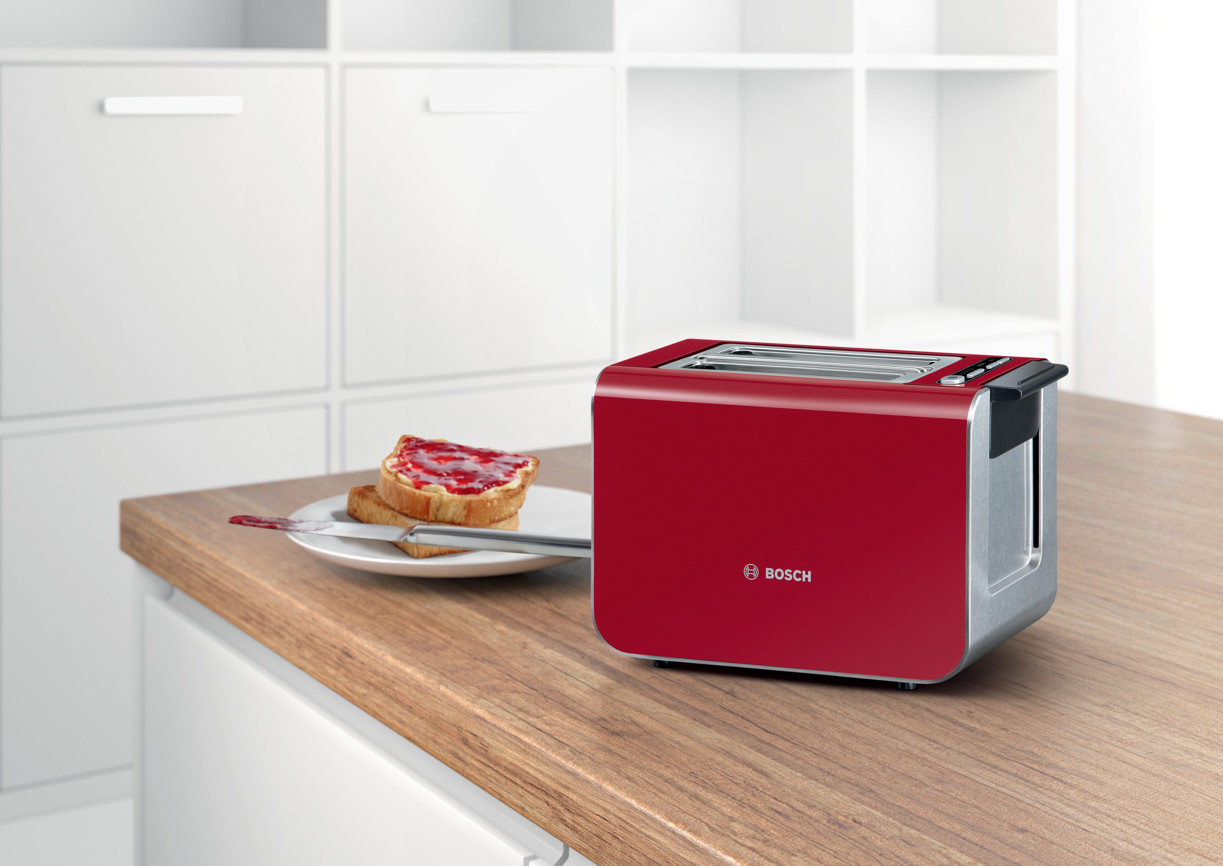 BOSCH Toaster Styline TAT8614N, integrierter Brötchenaufsatz, Liftfunktion, 860 W, Auftaufunktion, Abschaltautomatik, Brotzentrierung, Edelstahl/rot
