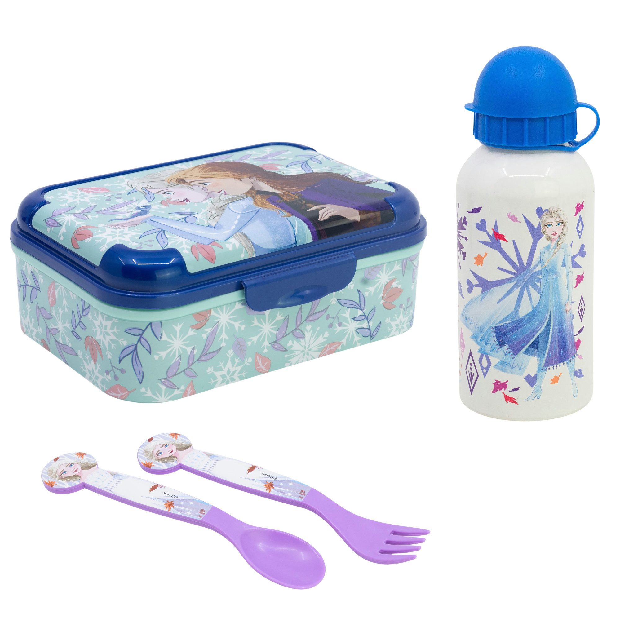 Disney Lunchbox Disney Die Eiskönigin Elsa 4 tlg Kinder Set, (4-tlg., Spar-Set), Brotdose Alu-Trinkflasche Besteck