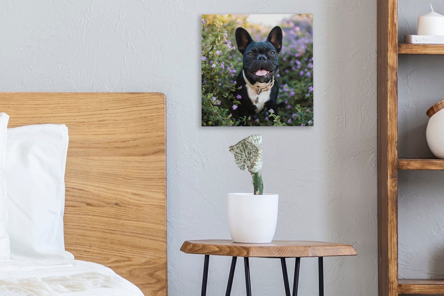 OneMillionCanvasses® Leinwandbild Französische Bulldogge - - Schlafzimmer Leinwand Bilder (1 Lila, St), Wohnzimmer Blumen für