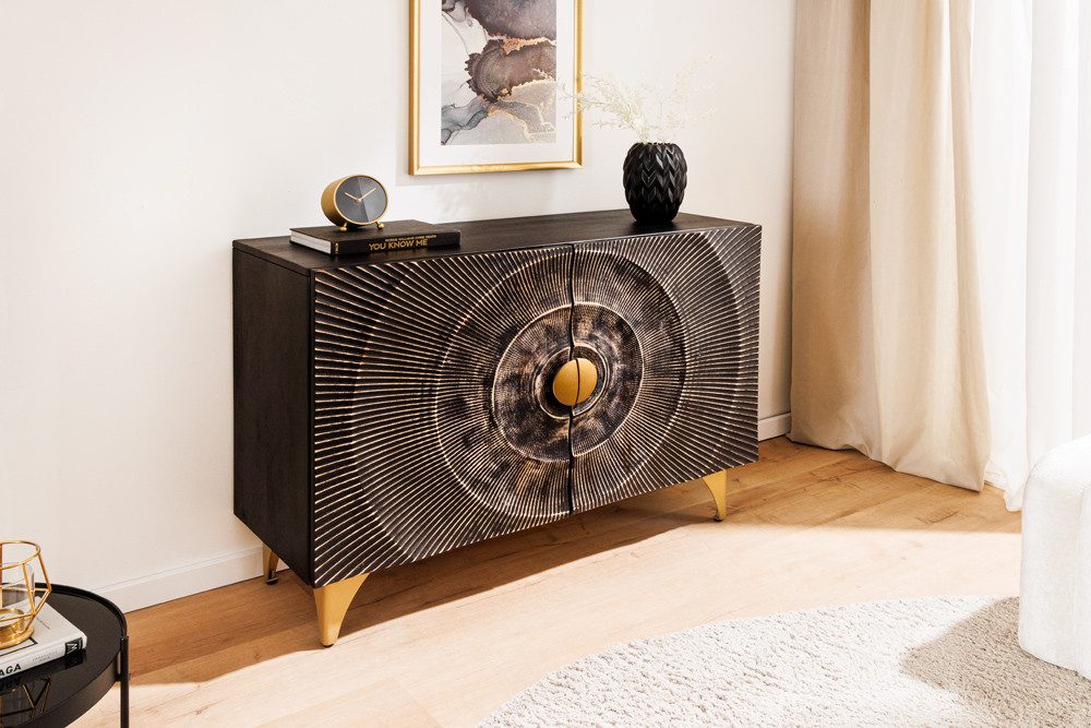 riess-ambiente Sideboard 100cm schwarz/gold - Mango-Massivholz, Metall, 3D-Front (Einzelartikel, 1 St), handgefertigt & lackiert - ideal für Wohn- und Esszimmer – Bild 5 von 5