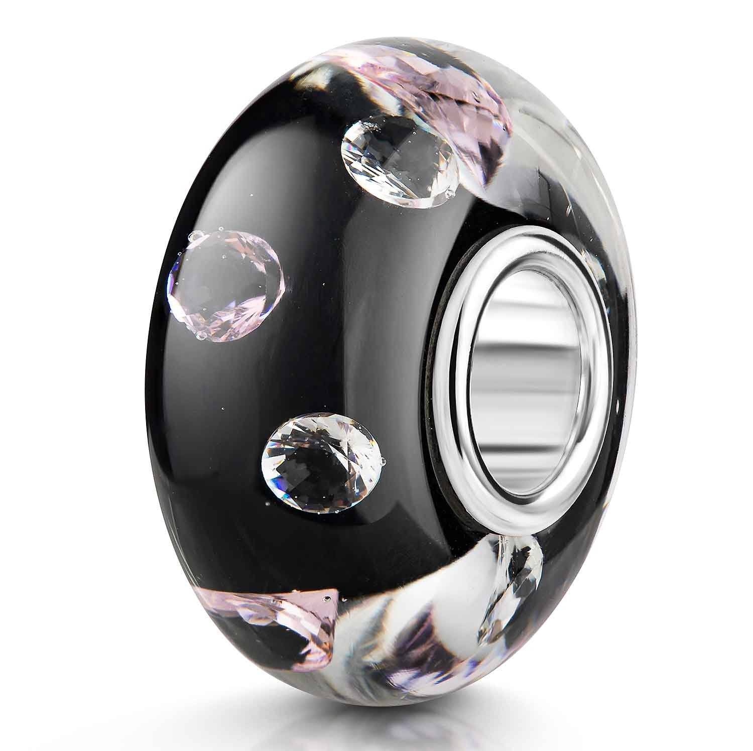 Materia Bead Glasperle Schwarz mit Zirkonia Weiß Rosa 1180, Kern aus 925 Sterling Silber