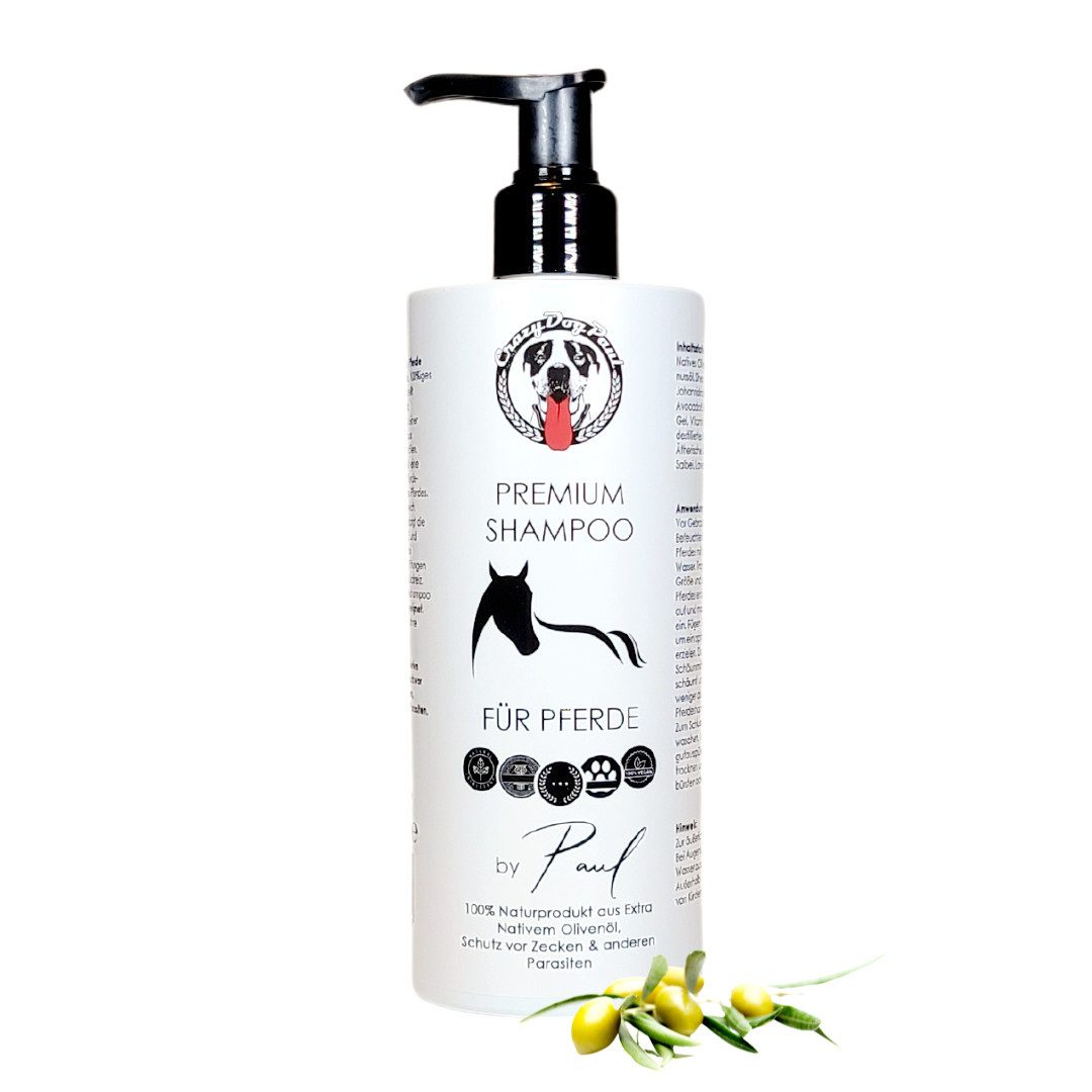 CrazyDogPaul Tiershampoo Premium Pferdeshampoo mit wertvollen Olivenöl, (für gesundes natürlich glänzendes Fell, 100% Naturprodukt, 1-St), aktiver Schutz vor Zecken, Flöhen, Milben, Läusen