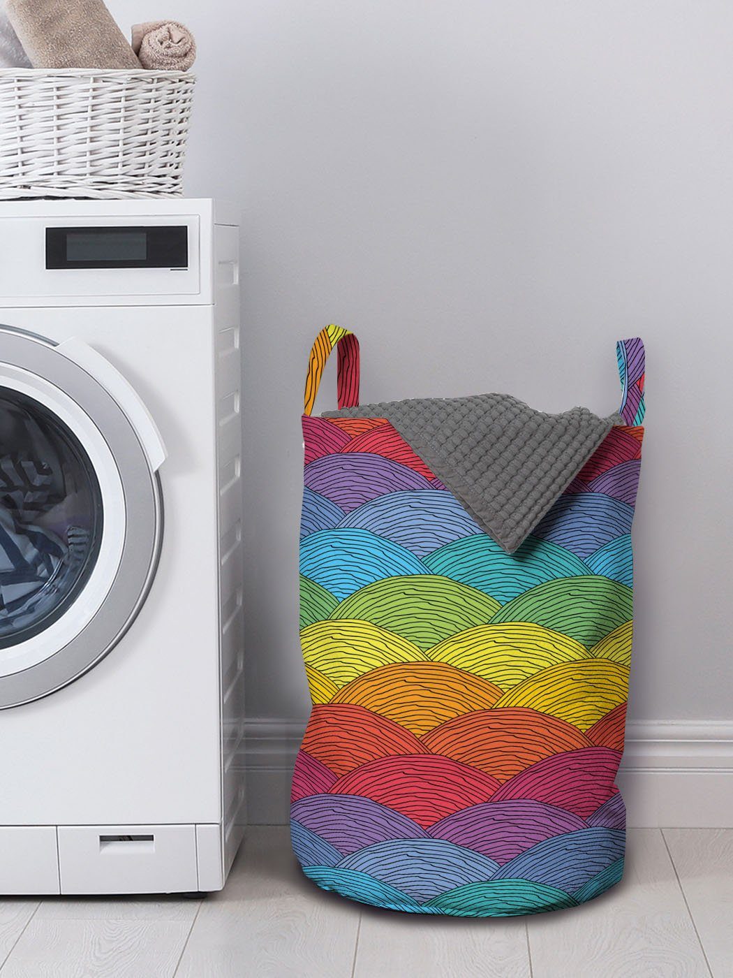 Abakuhaus Wäschesäckchen Wäschekorb mit Griffen für Abstrakt Regenbogen-Wellen Seigaiha Waschsalons, Kordelzugverschluss