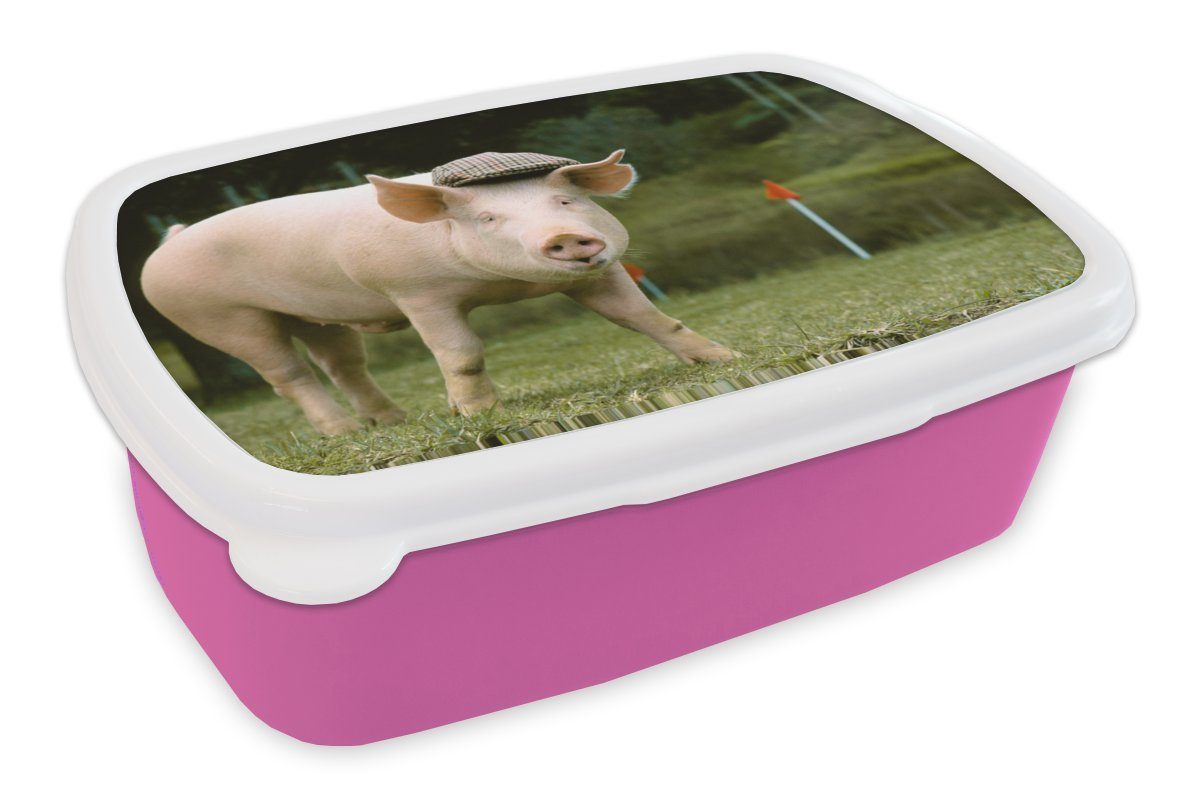 MuchoWow Lunchbox Schwein - Mütze - Gras, Kunststoff, (2-tlg), Brotbox für Erwachsene, Brotdose Kinder, Snackbox, Mädchen, Kunststoff rosa