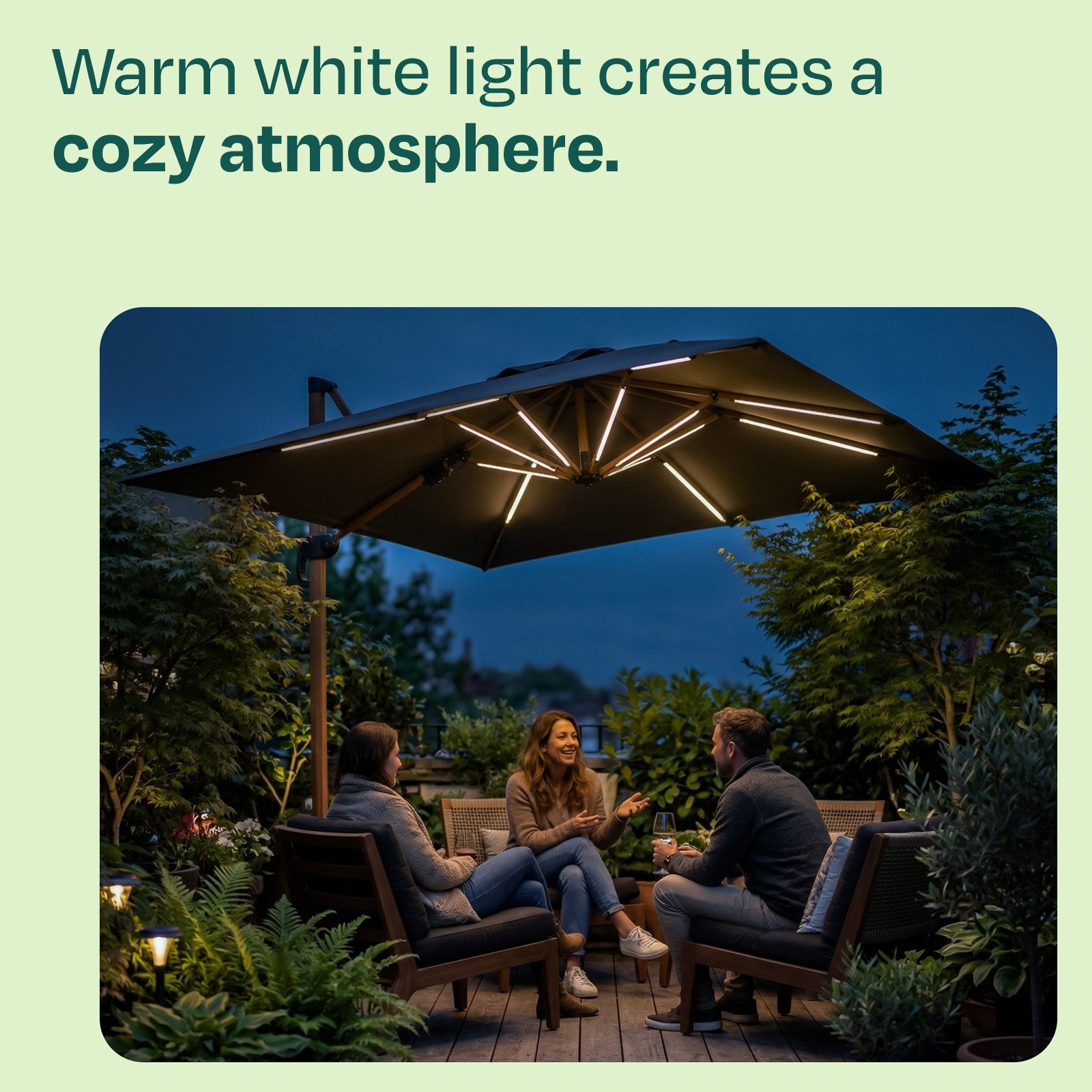 VONROC LED Außen-Deckenleuchte LED Sonnenschirmbeleuchtung – 15 Lichtleisten –, LED fest integriert, Warmweiß, wiederaufladbarer 2600mAh-Akku, Für VONROC Bardolino & Pisogne