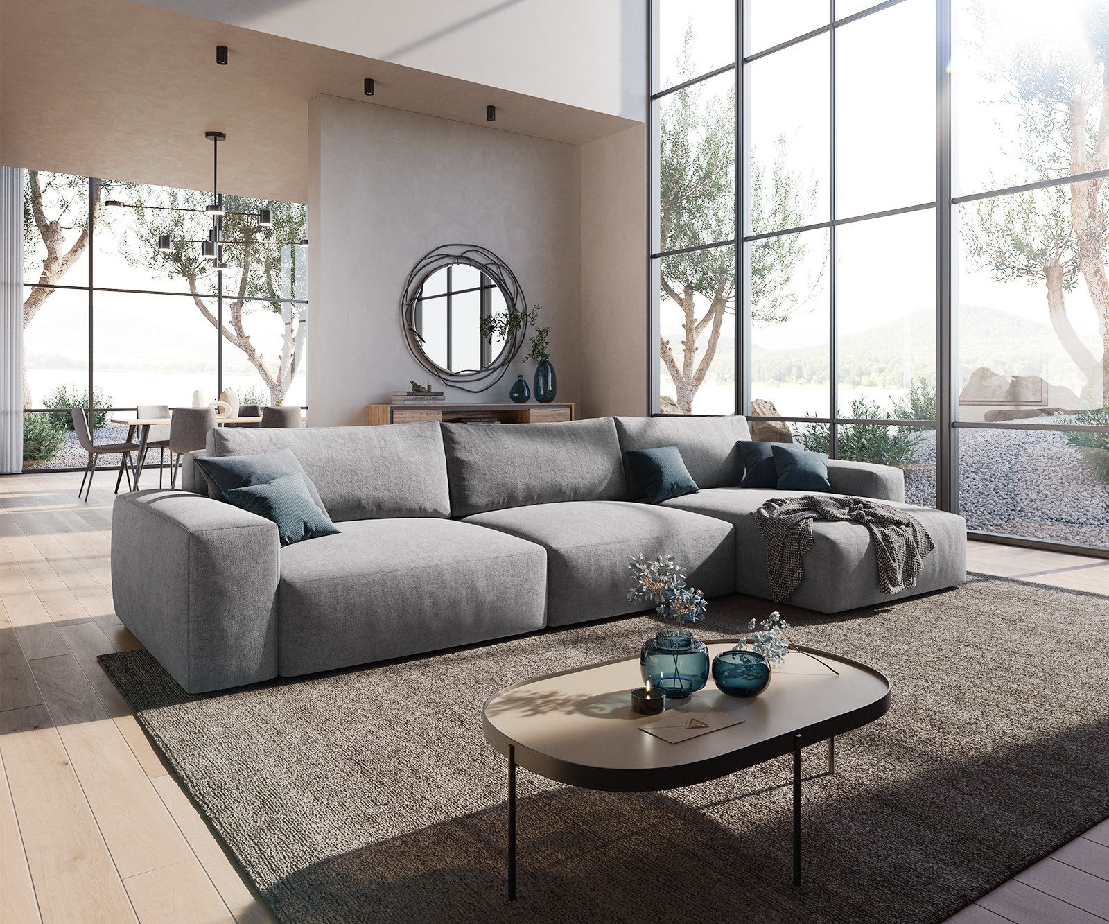 DELIFE Ecksofa Lanzo, XL Mikrofaser Grau 380x180 cm Recamiere variabel