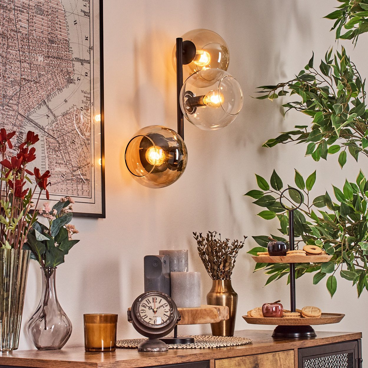 hofstein Wandleuchte Wandlampe aus Metall/Glas in Schwarz/Bernstein/Klar, moderne Leuchte im Retro/Vintage-Design (Schirme Ø 15 cm), E14