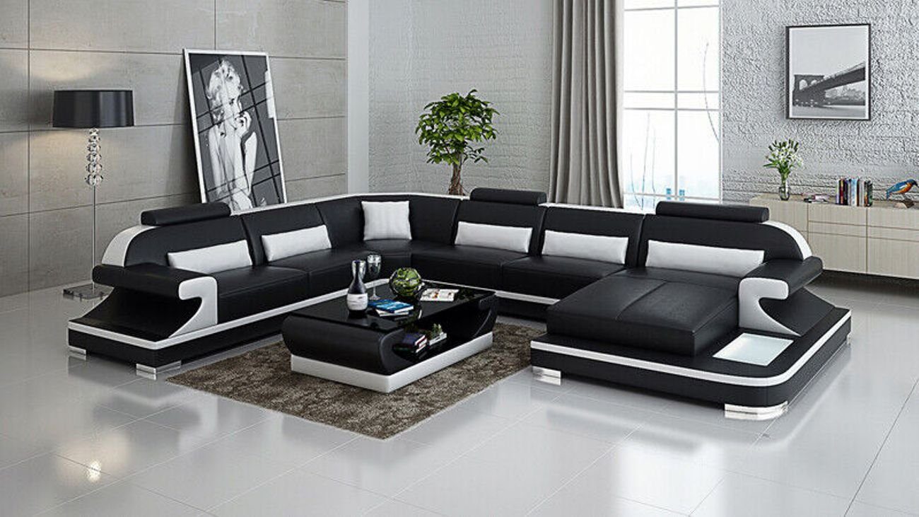 JVmoebel Ecksofa Ledersofa Couch Wohnlandschaft Ecksofa Garnitur Modern Sofa mit USB Schwarz