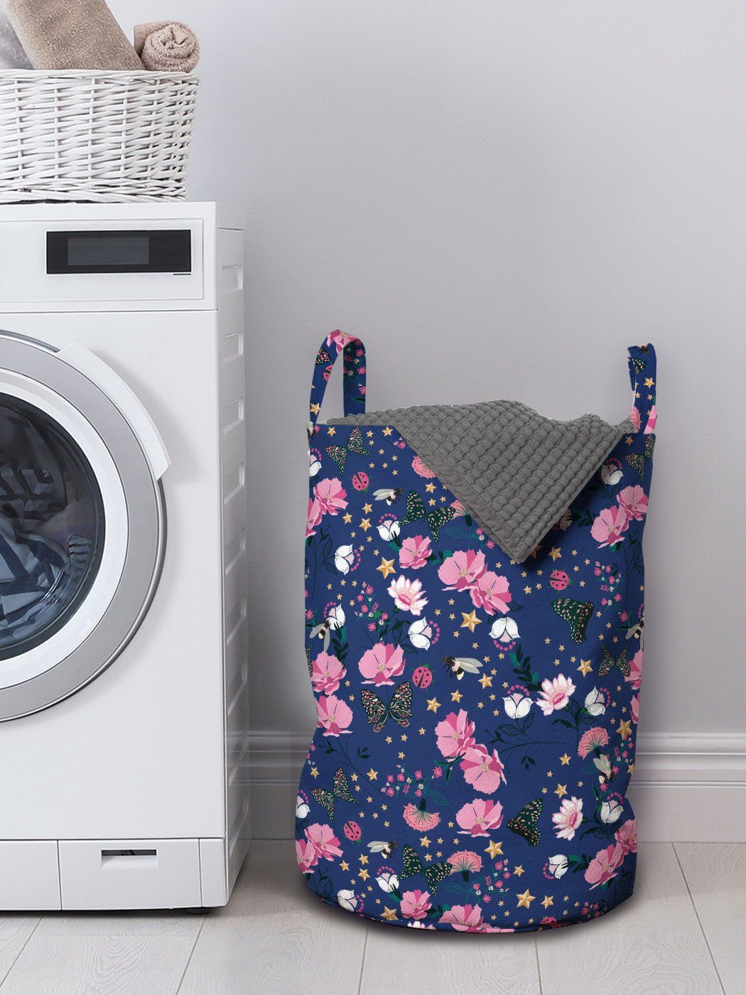 Abakuhaus Wäschesäckchen Wäschekorb mit Griffen für Sterne Blumen Schmetterlinge Waschsalons, Blumen Kordelzugverschluss