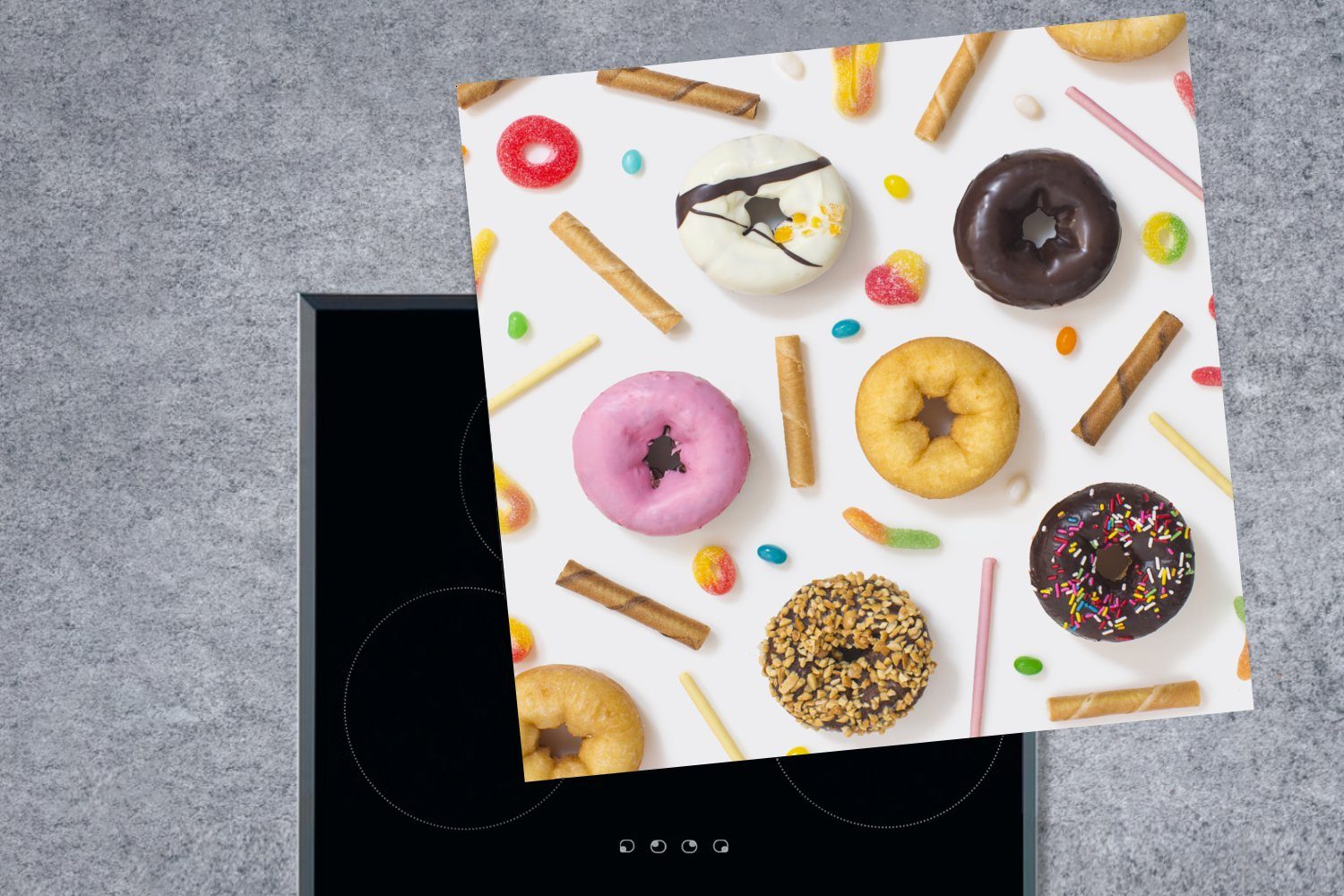 Süßigkeiten Donuts, küche Arbeitsplatte cm, 78x78 für Vinyl, und Herdblende-/Abdeckplatte MuchoWow (1 Kekse, Ceranfeldabdeckung, tlg),