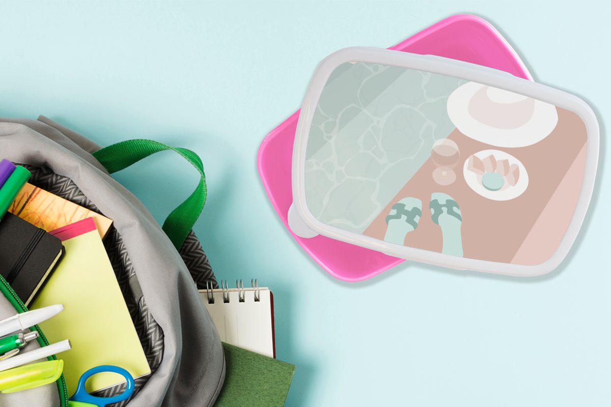 (2-tlg), Kinder, - Sommer, - für Brotbox MuchoWow Pool Erwachsene, Kunststoff - Brotdose Snackbox, rosa Mädchen, Kunststoff, Lunchbox Hausschuhe Weinglas