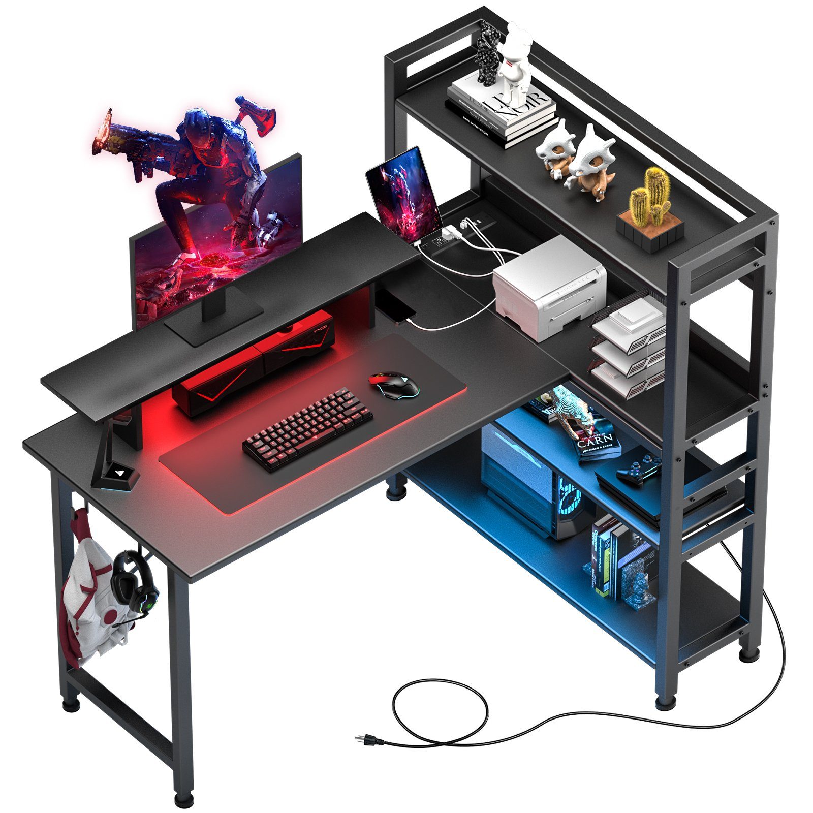 GTPLAYER Schreibtisch Gaming Schreibtisch Computertisch mit 4-stöckige Seitenablagefächer (Packung, 1 Tisch), LED-Lichtleiste, eingebaute Steckdose, einen Bildschirmständer schwarz