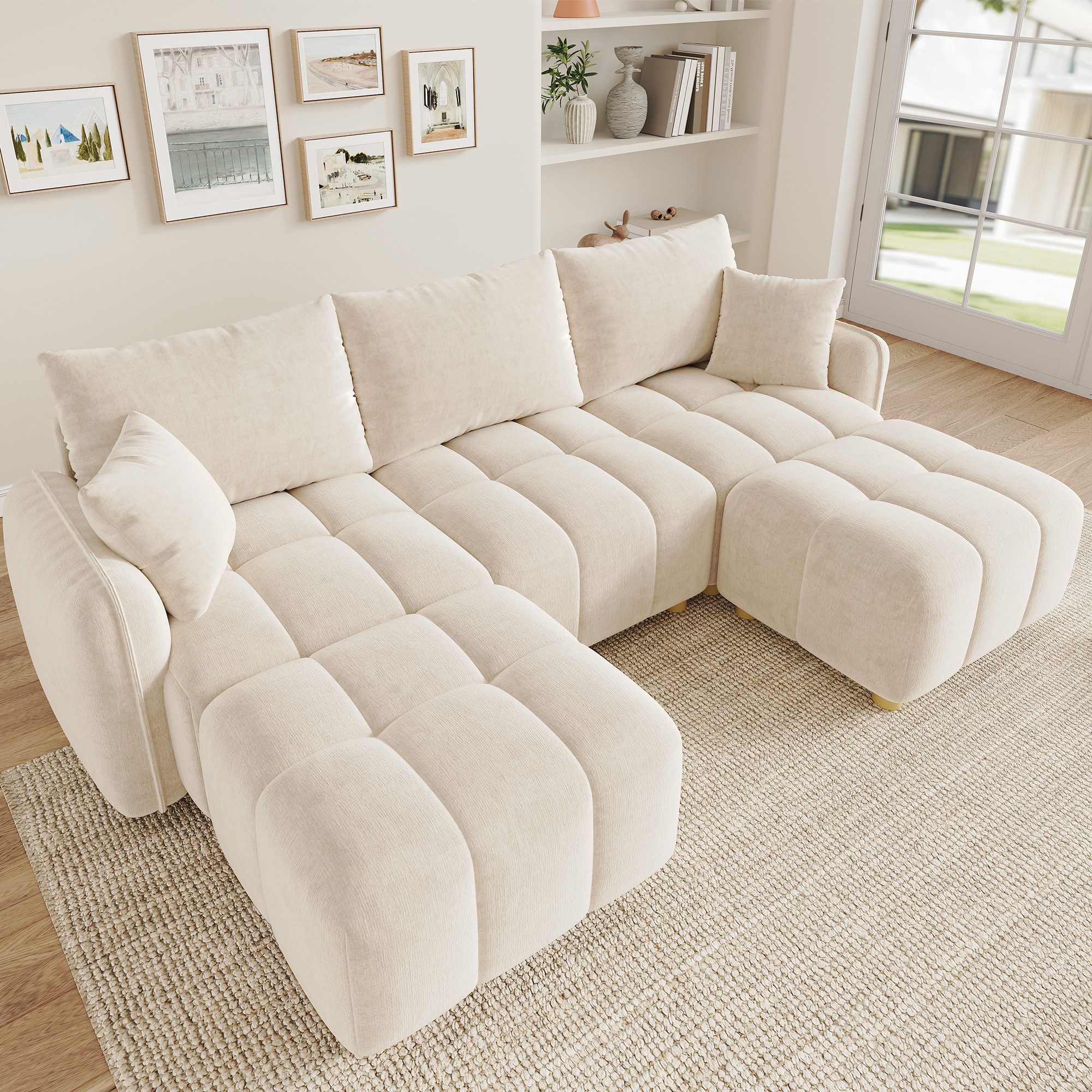Merax Ecksofa Modulares L-/U-förmiges Sofa aus Chenille, wandelbares Cloud Sofa 1 Teile, 5-Sitzer-Sofa mit 2 Hockern, Kissen & breite …