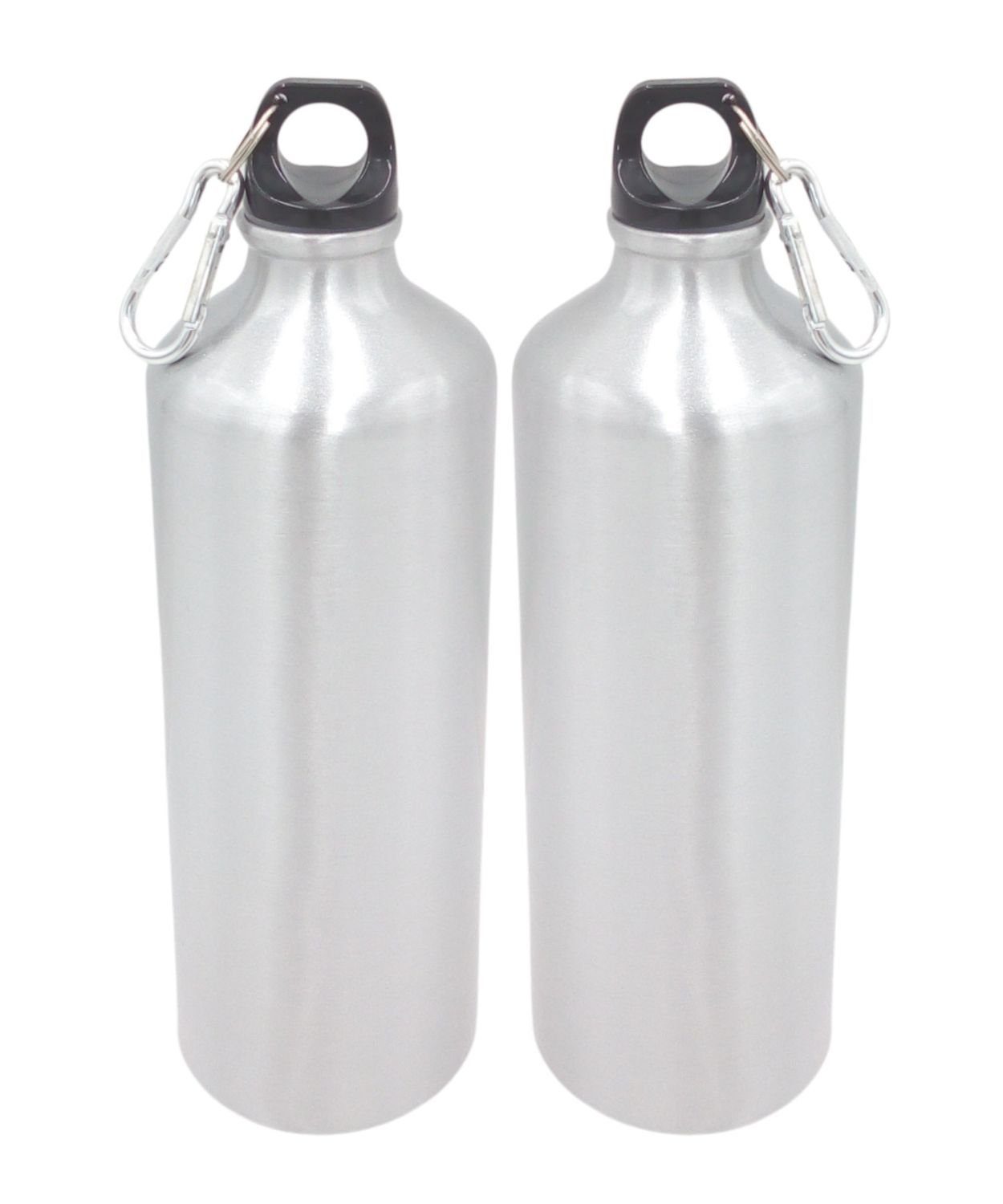 BURI Trinkflasche 2x Aluminium Trinkflasche 1Liter silber mit Karabiner Wasserflasche Sp