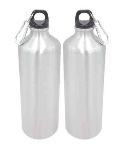 BURI Trinkflasche 2x Aluminium Trinkflasche 1Liter silber mit Karabiner Wasserflasche Sp