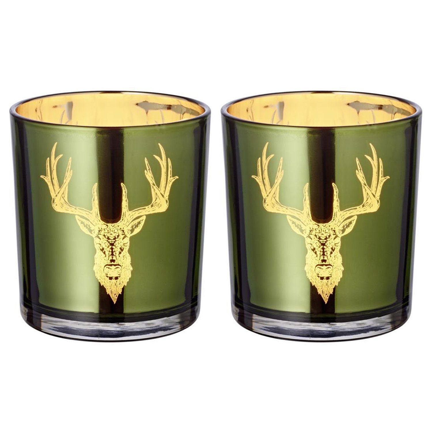 EDZARD Windlicht Ted, Glas, Hirsch-Motiv, grün und gold, H 8 cm, Ø 7 cm