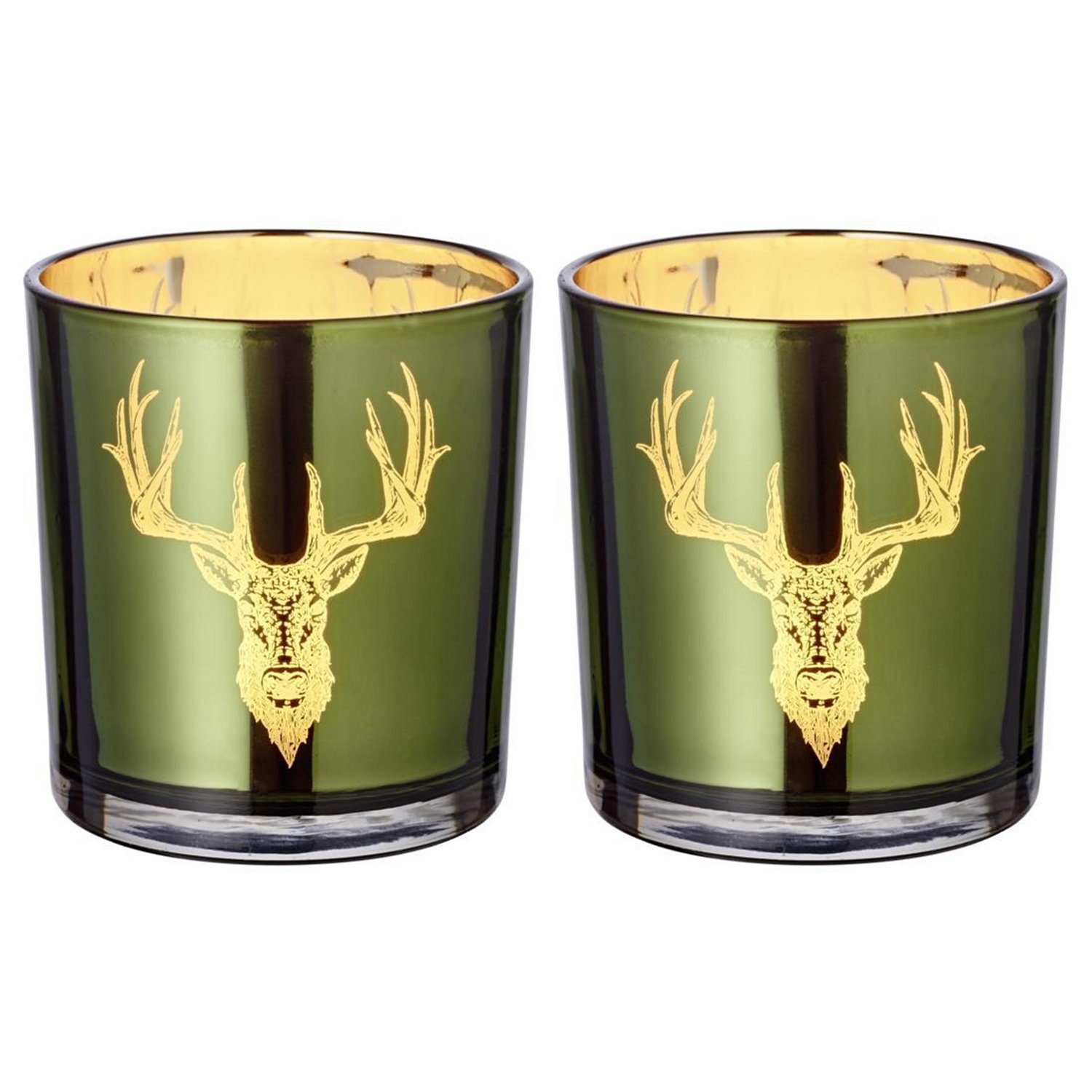 EDZARD Windlicht Ted (2er-Set), Kerzenglas-Set für Teelichter mit Hirsch-Motiv in Gold-Optik, Настольные лампы für Maxiteelichter, Höhe 8 cm, Ø 7 cm