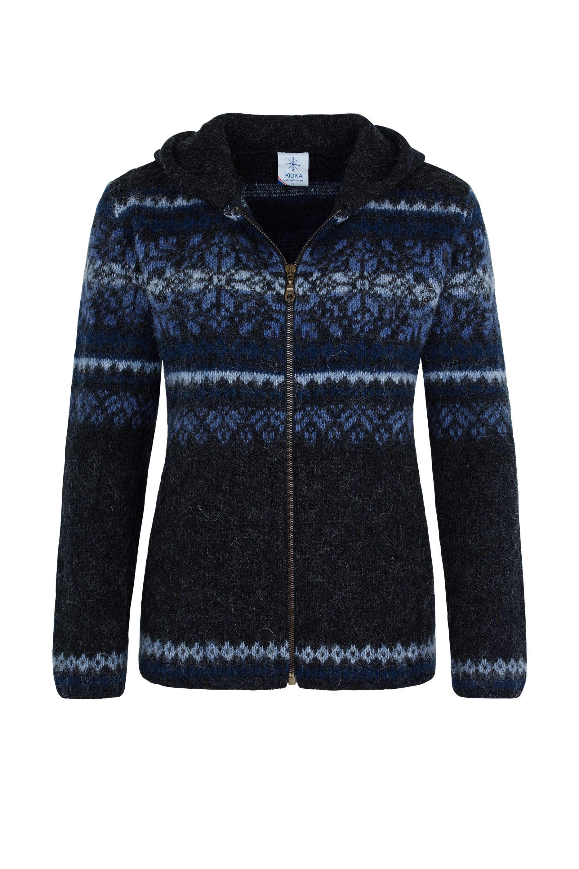 KIDKA Kapuzenstrickjacke - Wollstrickjacke für Damen / Herren - Farbe schwarz-blau - aus rauer isländischer Wolle