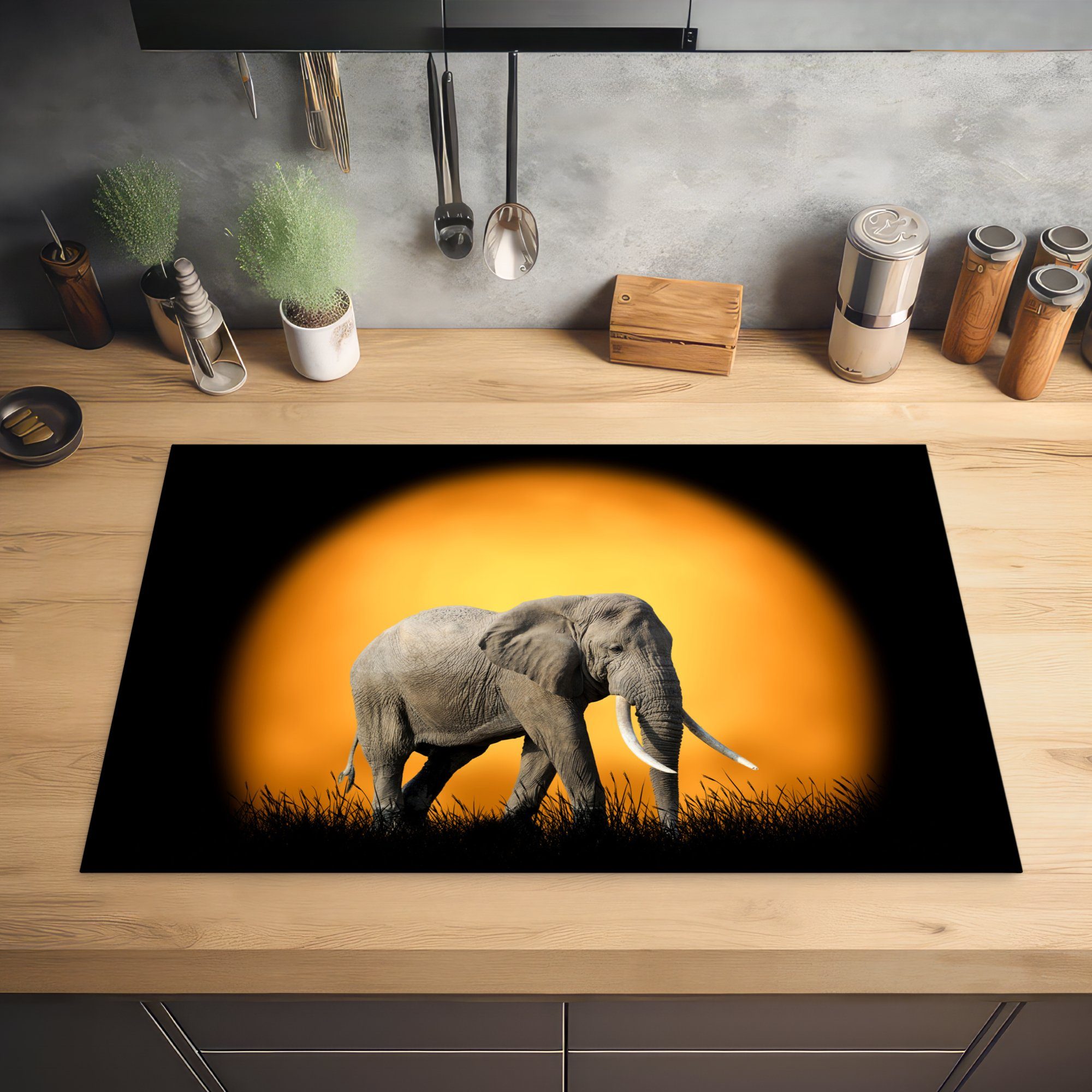 Sonne 81x52 Elefant - küche, Vinyl, cm, die - Schutz Herdblende-/Abdeckplatte Gras, (1 Ceranfeldabdeckung Induktionskochfeld für tlg), MuchoWow