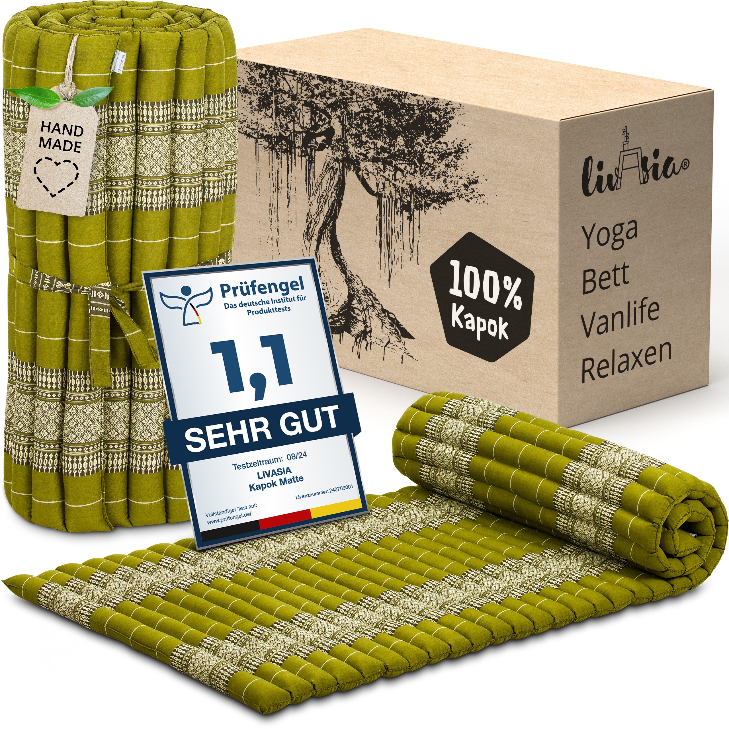 Reisebett-Matratzen Rollmatte 75 cm breit, vegan und handgefertigt, 200x75x4,5cm, livasia, 4.5 cm hoch, Kapok