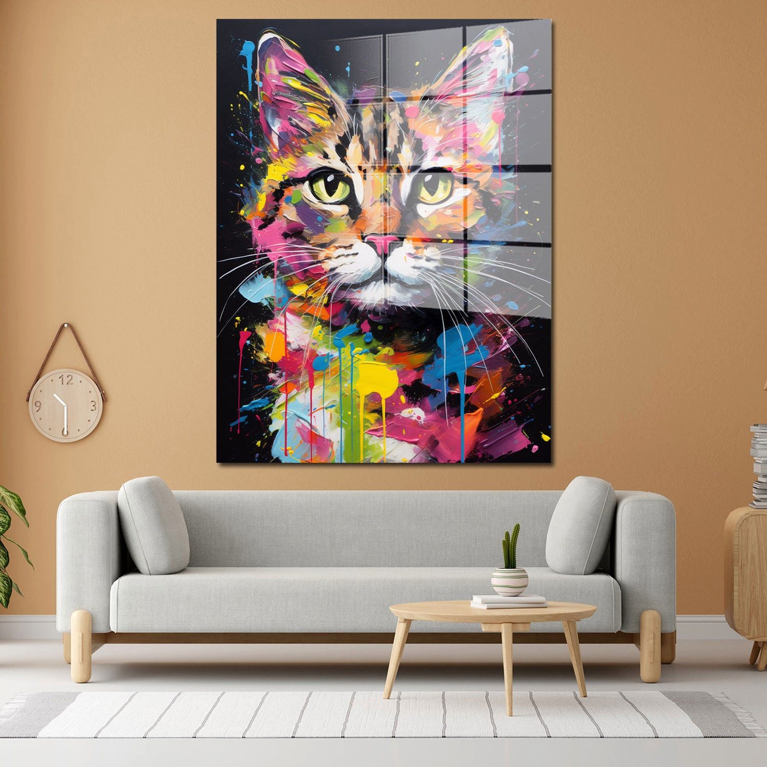 Artedinoi Acrylglasbild Katze Acrylglasbild Wandbild Pop Art Bunt Colour Tier Deko XXL, Katzenportrait im farbstarken Pop-Art-Stil mit ausdrucksstarkem Blick.