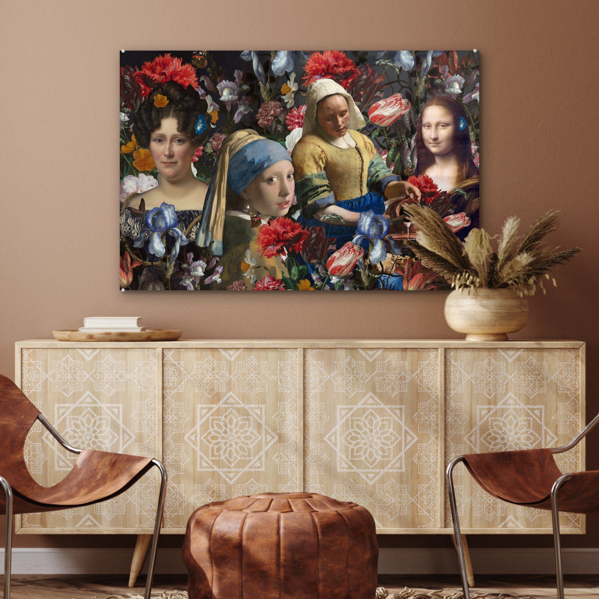 MuchoWow Acrylglasbild Collage (1 bunt Schlafzimmer Acrylglasbilder & Meister Blumen, Alte - - Malerei St), Wohnzimmer 