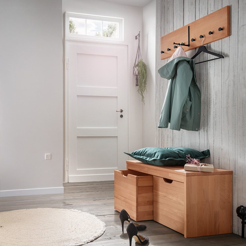 Lomadox Garderoben-Set CUENCA-137, (Spar-Set, 2-St., Garderobenbank, Garderobenpaneel), Buche massiv, Bank in 82 cm Breite mit Schubkästen mit Rollen