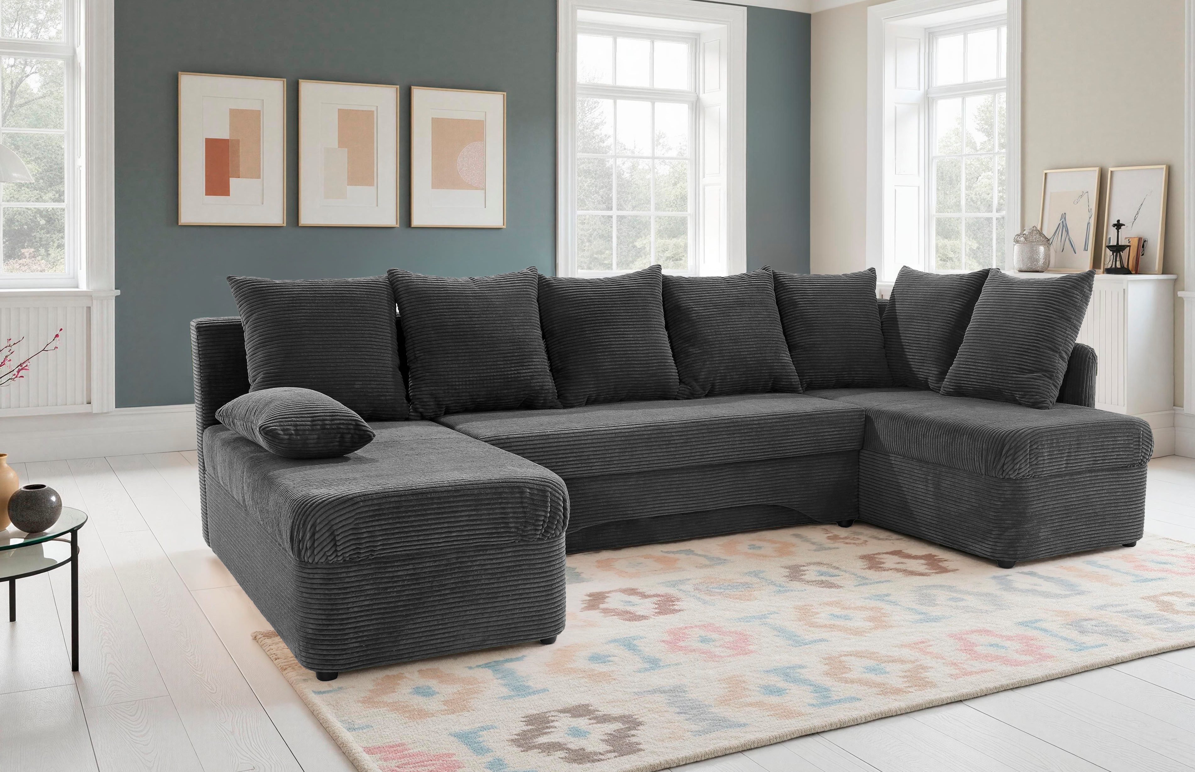 Jockenhöfer Gruppe Wohnlandschaft Arktis U-Form, B: 260 cm, auch in Cord, Sofa mit Bettkasten & Schlaffunktion, zahlreiche Kissen
