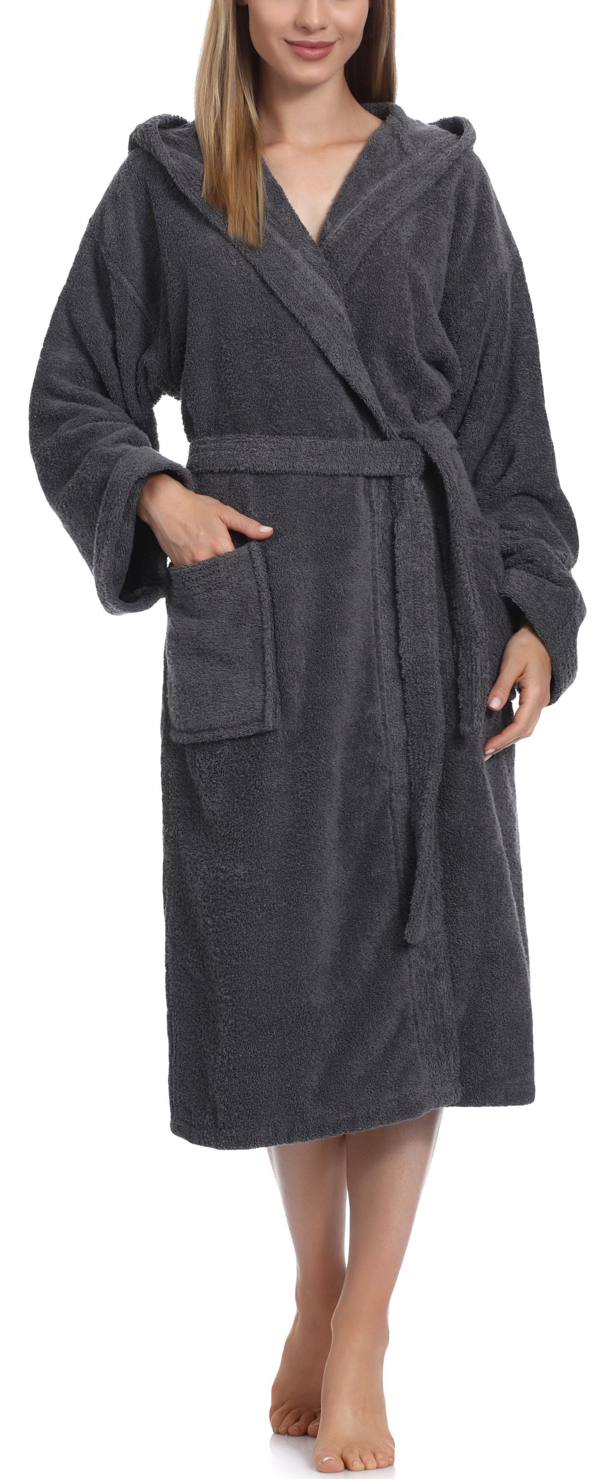 Ladeheid Bademantel Damen Frottee Bademantel aus 100% Baumwolle LA40-102, Langform, Baumwolle, Kapuze