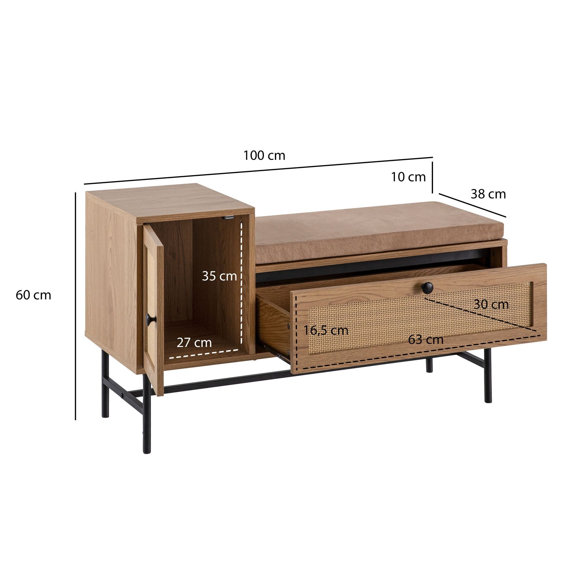 FineBuy Schuhbank mit Sitzfläche 100x60x38 cm Garderobenbank Eiche-Dekor, Sitzbank Rattan Klein Gepolstert, Bank Schmal Flur mit Stauraum, Flurbank Flurmöbel mi – Bild 3 von 5