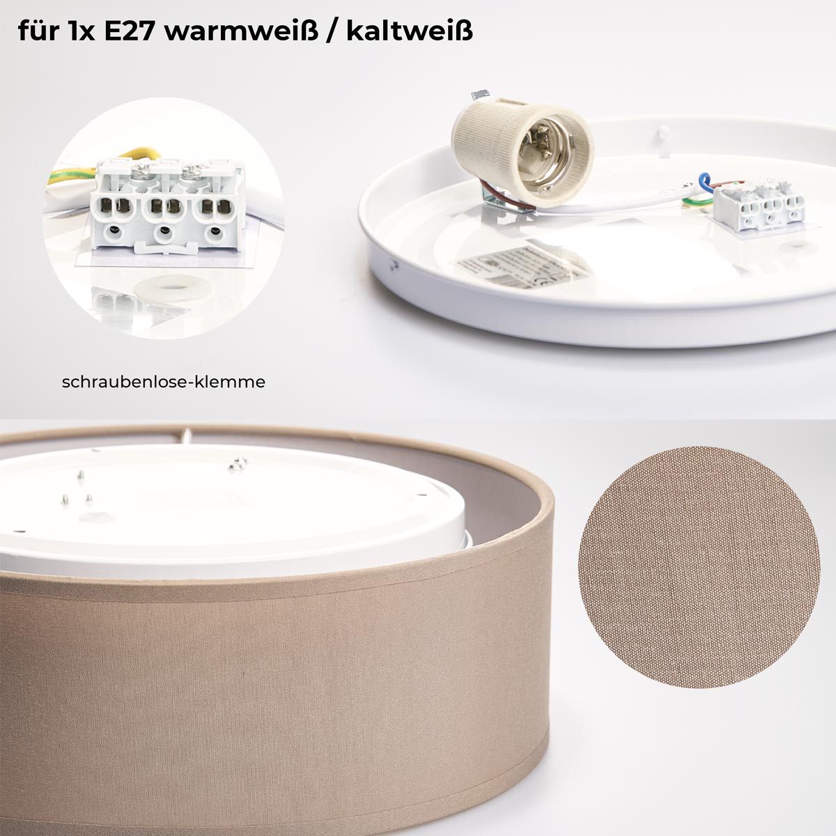 EINLICHT LED Deckenleuchte Deckenleuchte FABRIC Stoff Taupe, Ø30cm, 1x E27